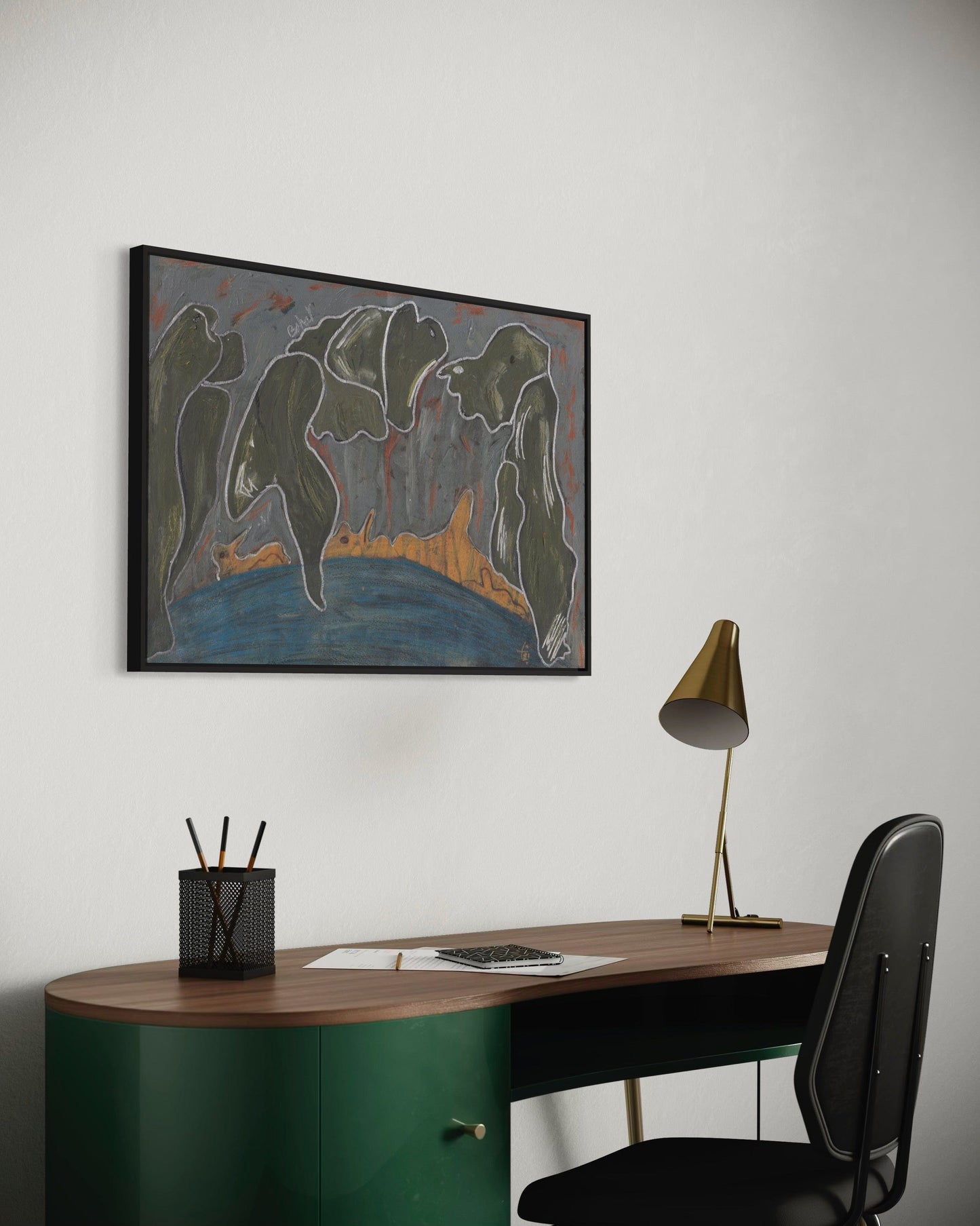 Modern office setup with a desk, chair, lamp, and abstract painting on the wall.