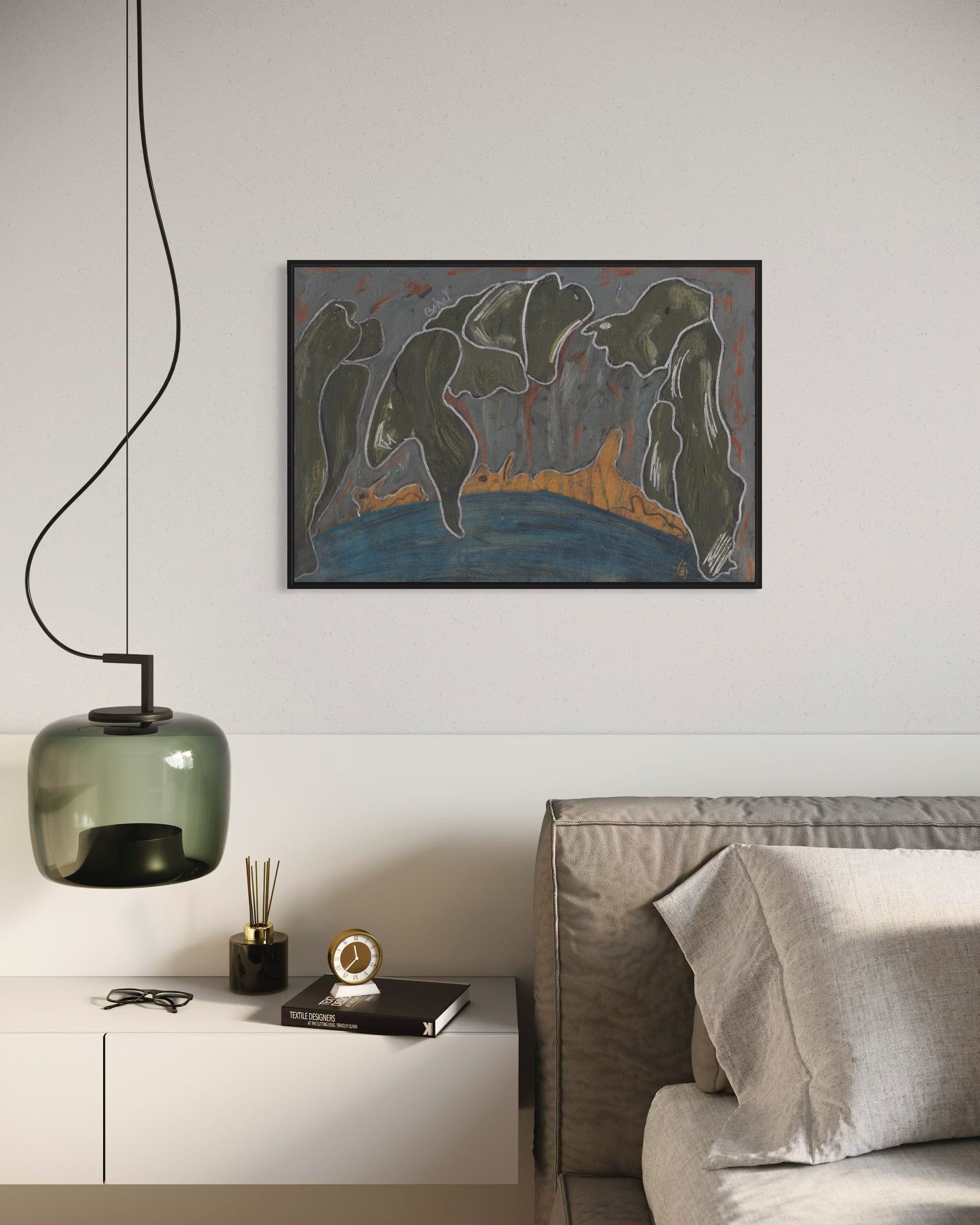 Modern living room with a painting of bears, a pendant light, and a sofa.