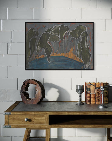 Framed abstract artwork on a white wall above a wooden desk with decorative items.