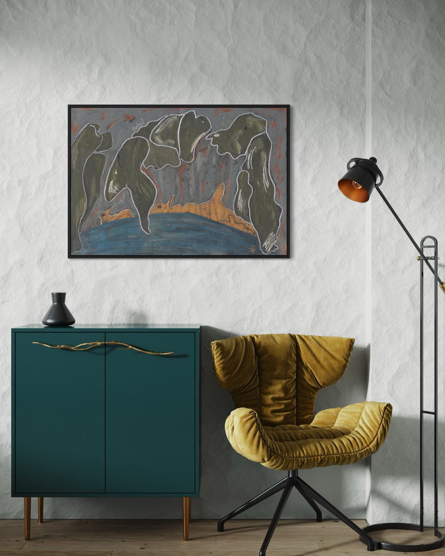 Modern interior with teal cabinet, yellow chair, and abstract painting on a white wall.