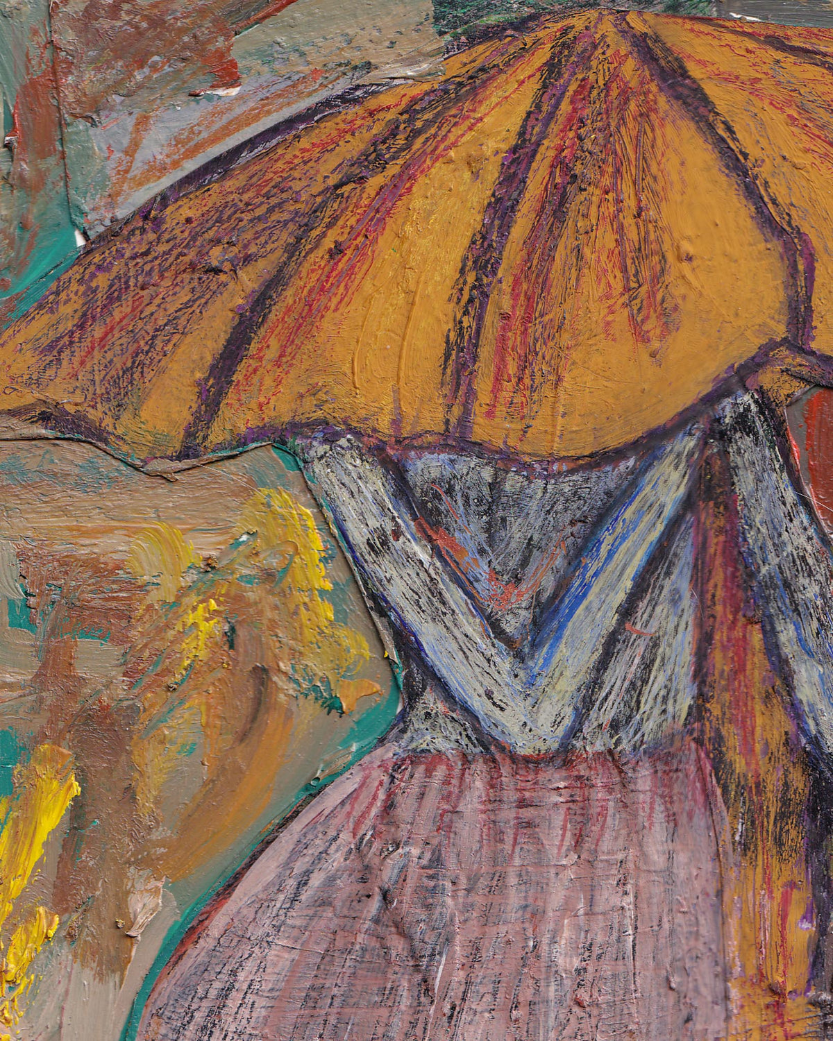Abstract artwork with a yellow umbrella and colorful background