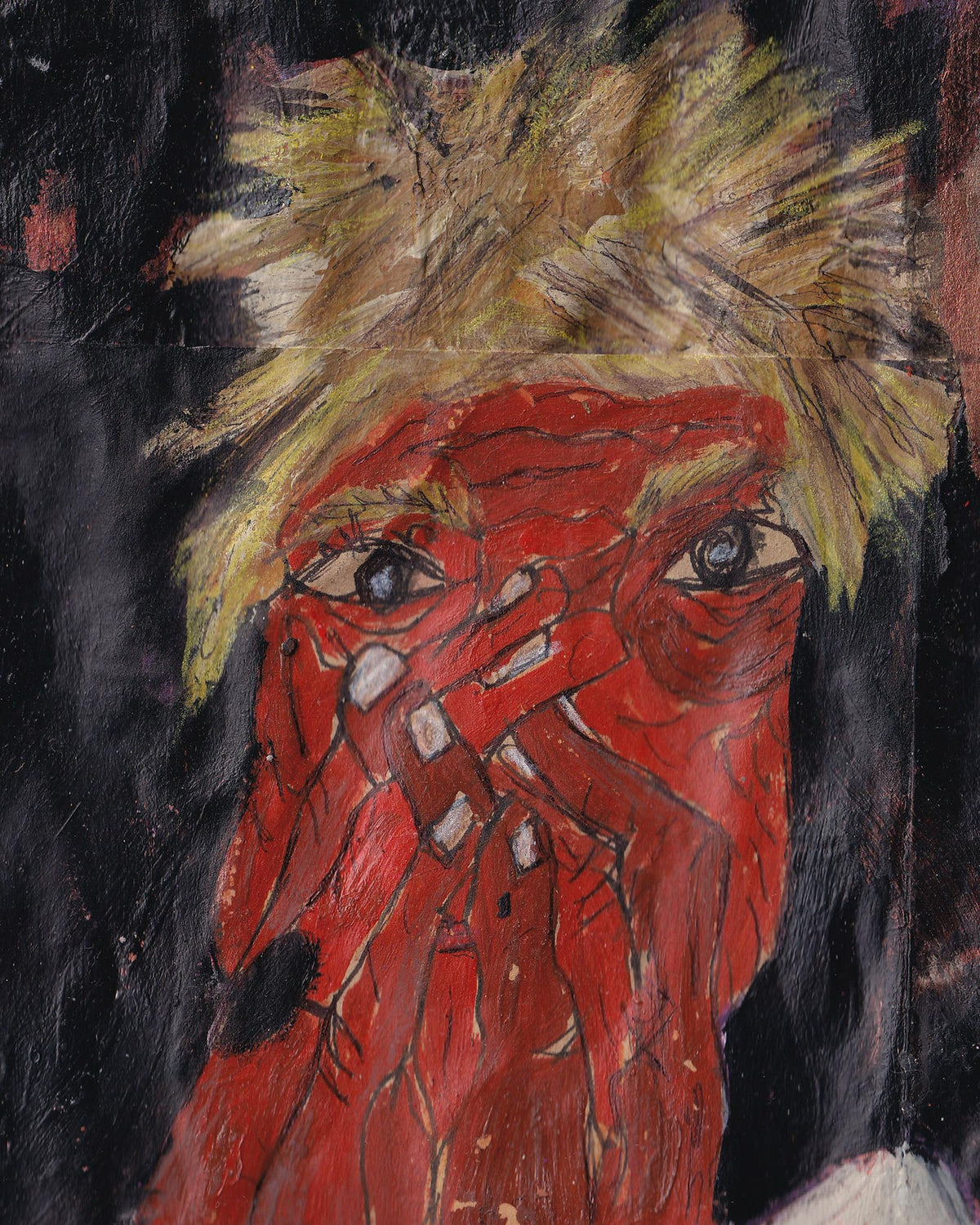 Artistic depiction of a character with red face and yellow hair on a dark background