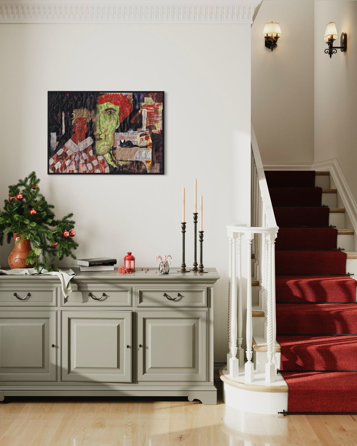 Foyer with a staircase, Christmas tree, and decorative items.