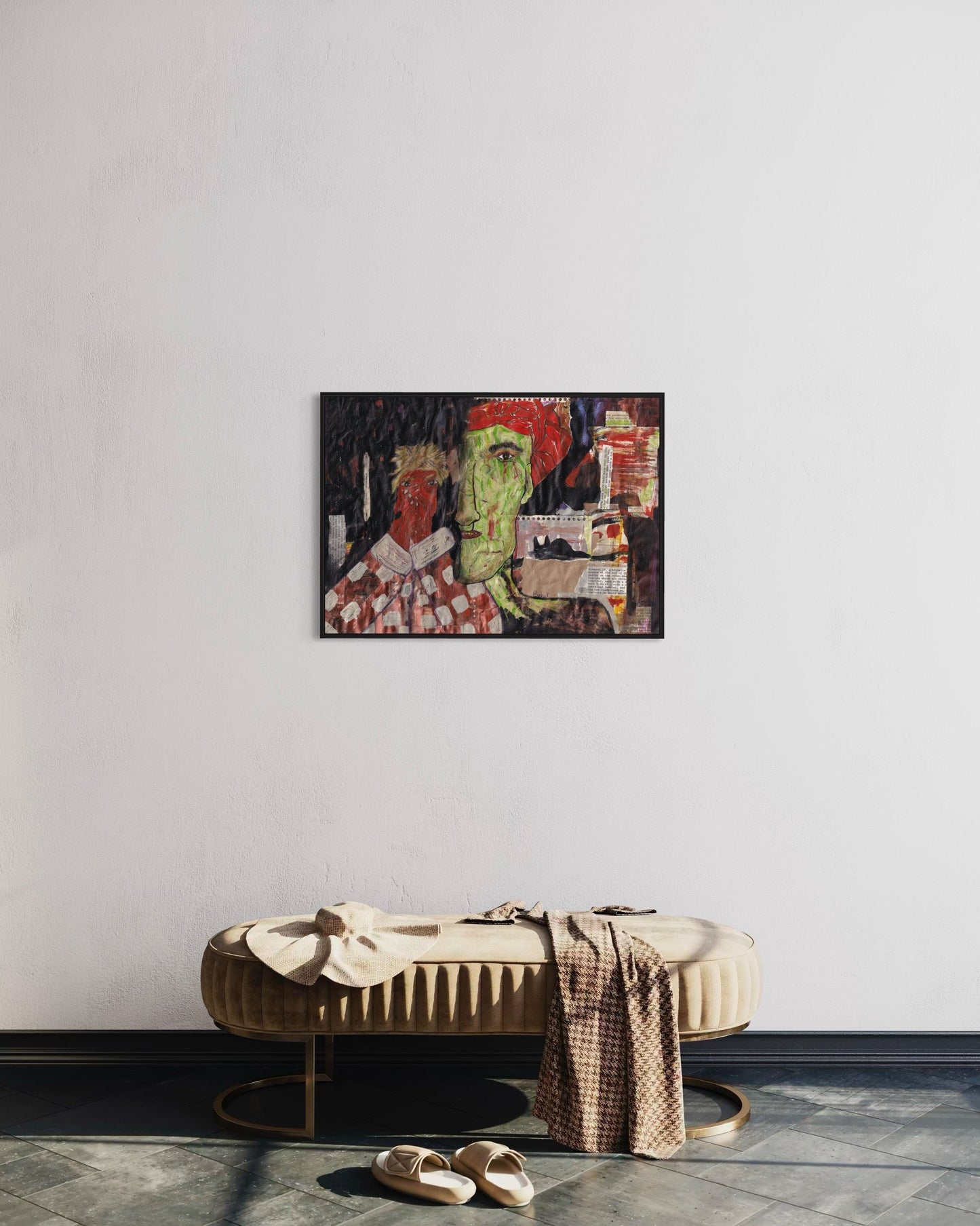 Abstract painting on a wall above a bench with shoes and a bag.