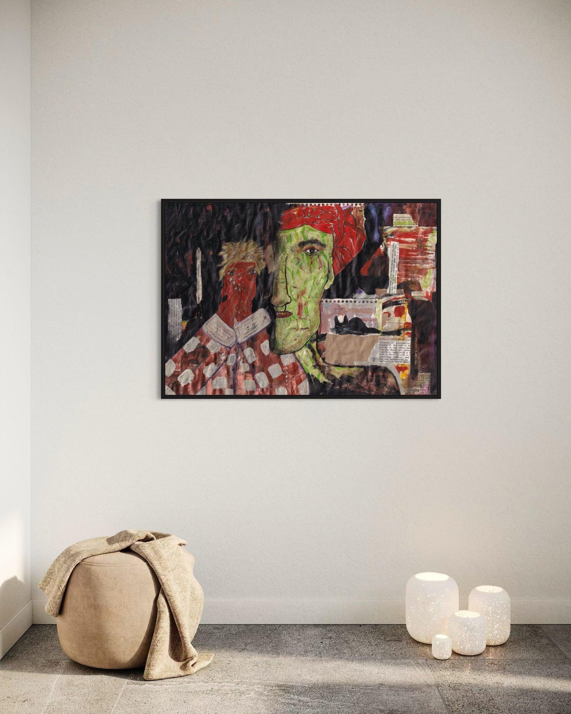 Abstract painting on a wall in an art gallery with a textured floor and draped fabric.