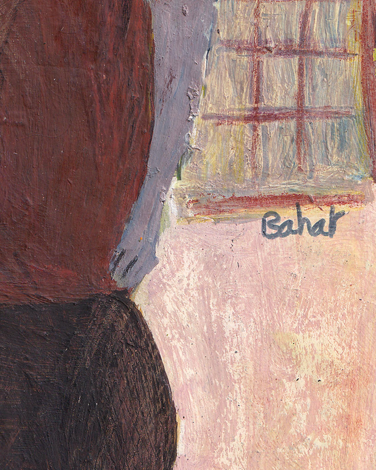 Artistic depiction of a person sitting by a window with 'Bahar' written on it