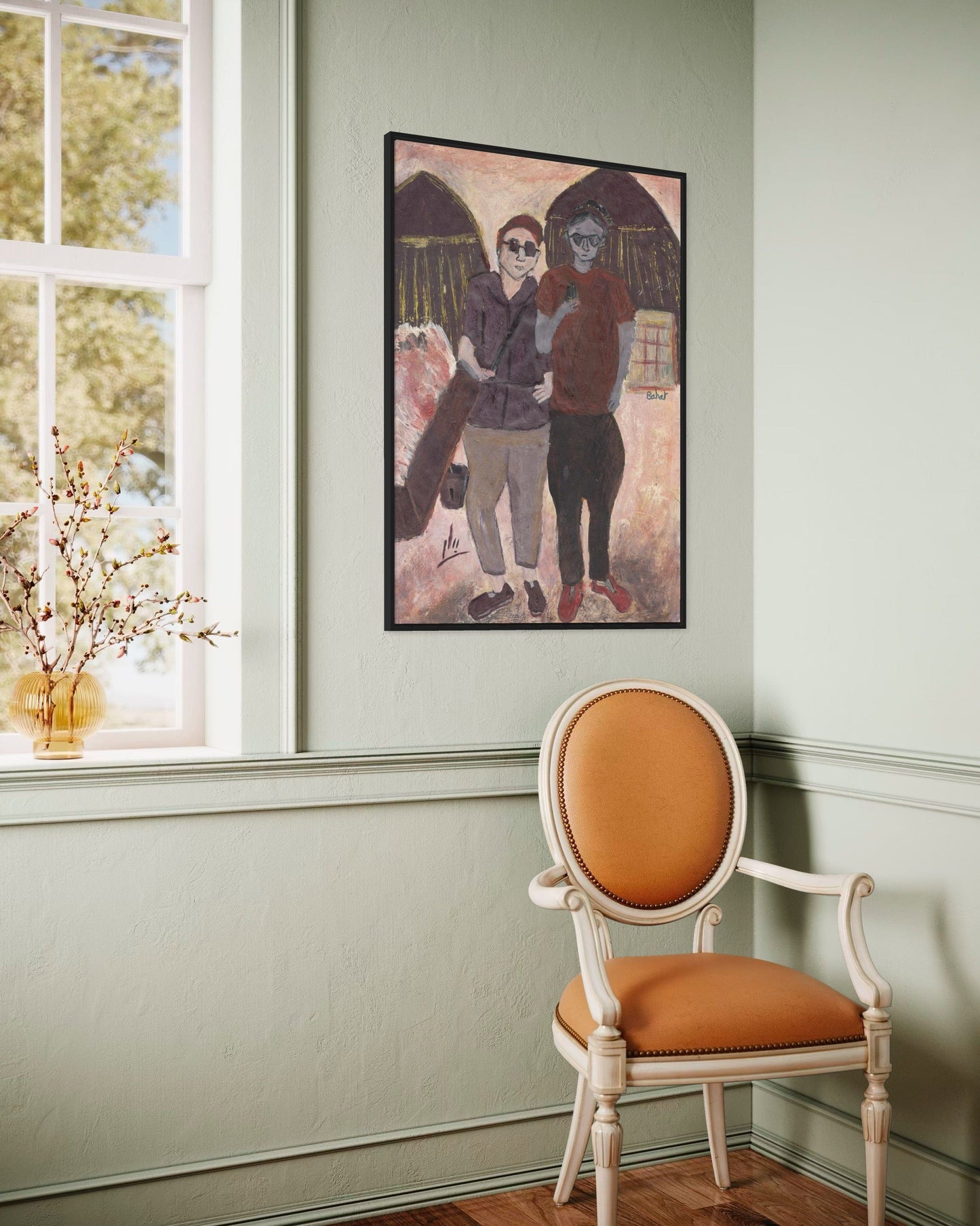 Room interior with a chair, vase of flowers, and framed artwork on a wall.