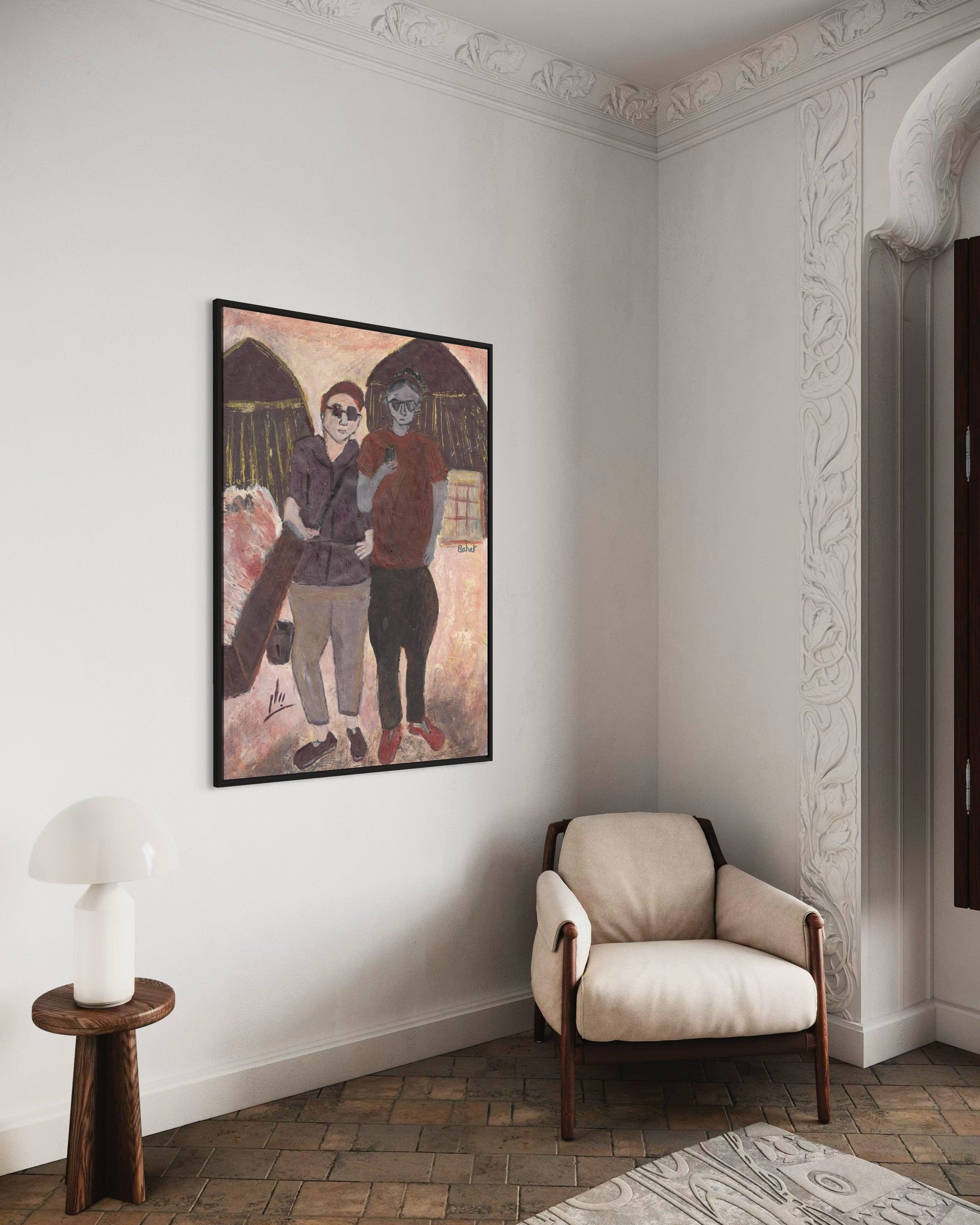 Artistic depiction of two people on a wall in a room with a chair and table.