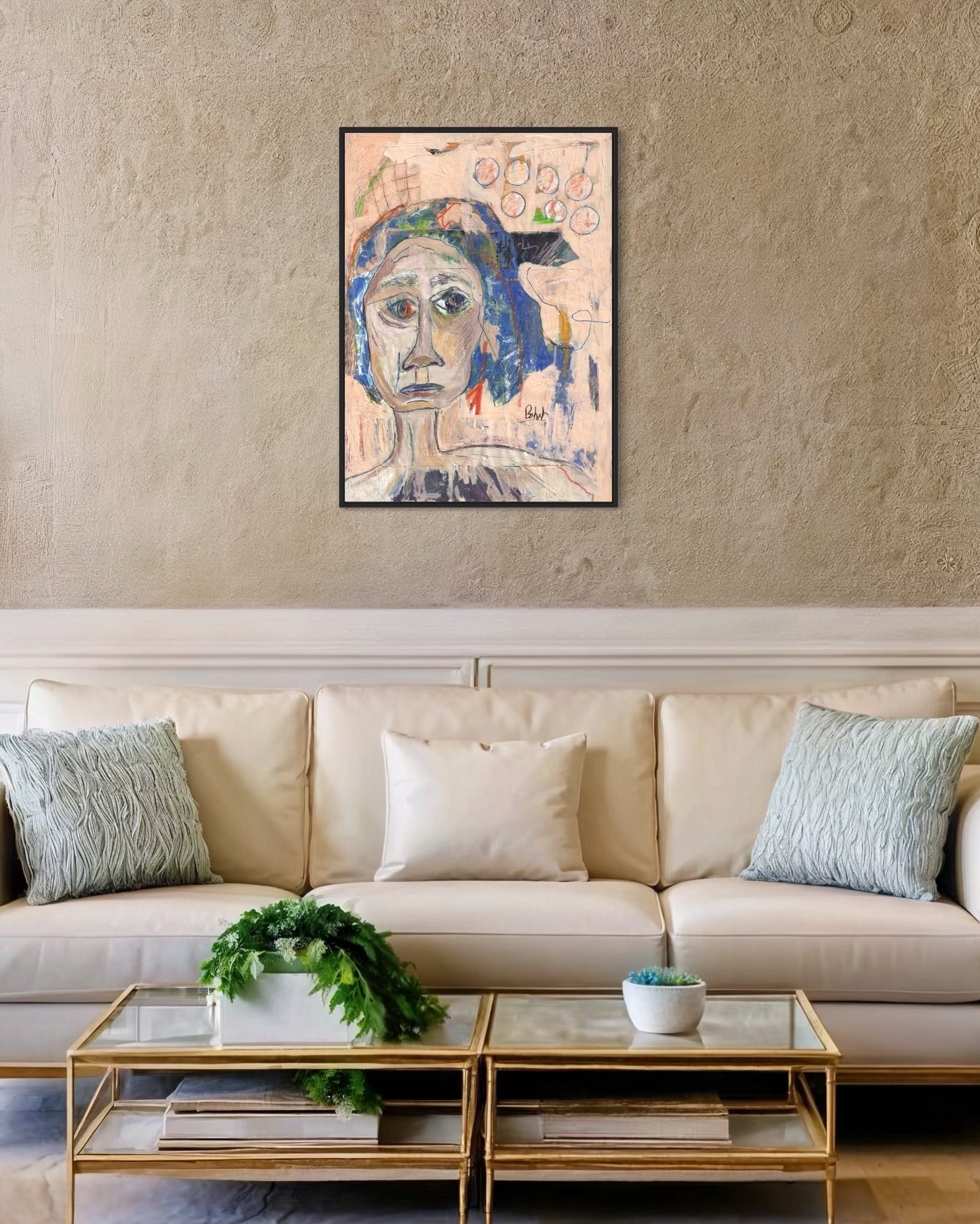 Living room with a beige sofa, glass coffee table, and abstract painting on the wall.