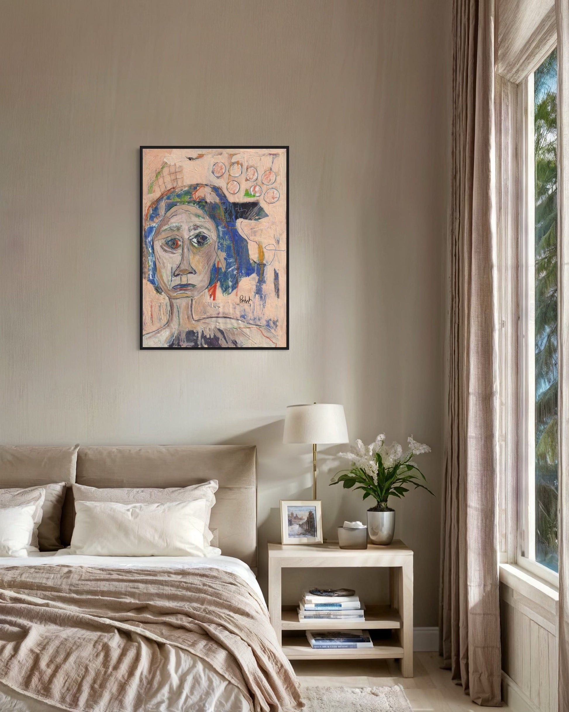Bedroom with a bed, nightstand, lamp, and artwork on the wall.