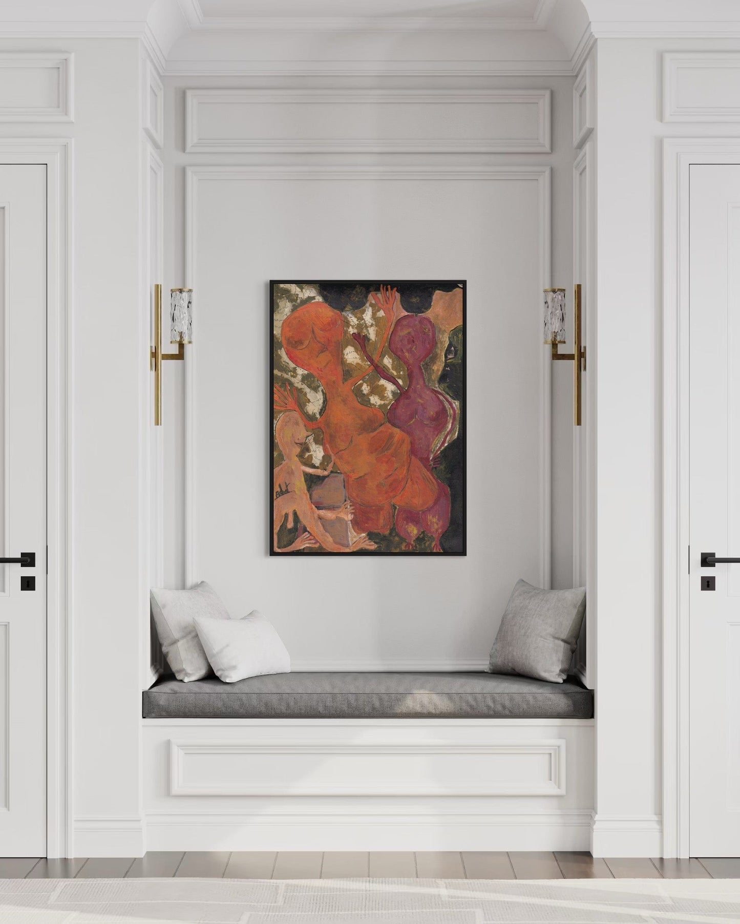 Decorative painting above a cushioned bench in a room with white walls and doors.