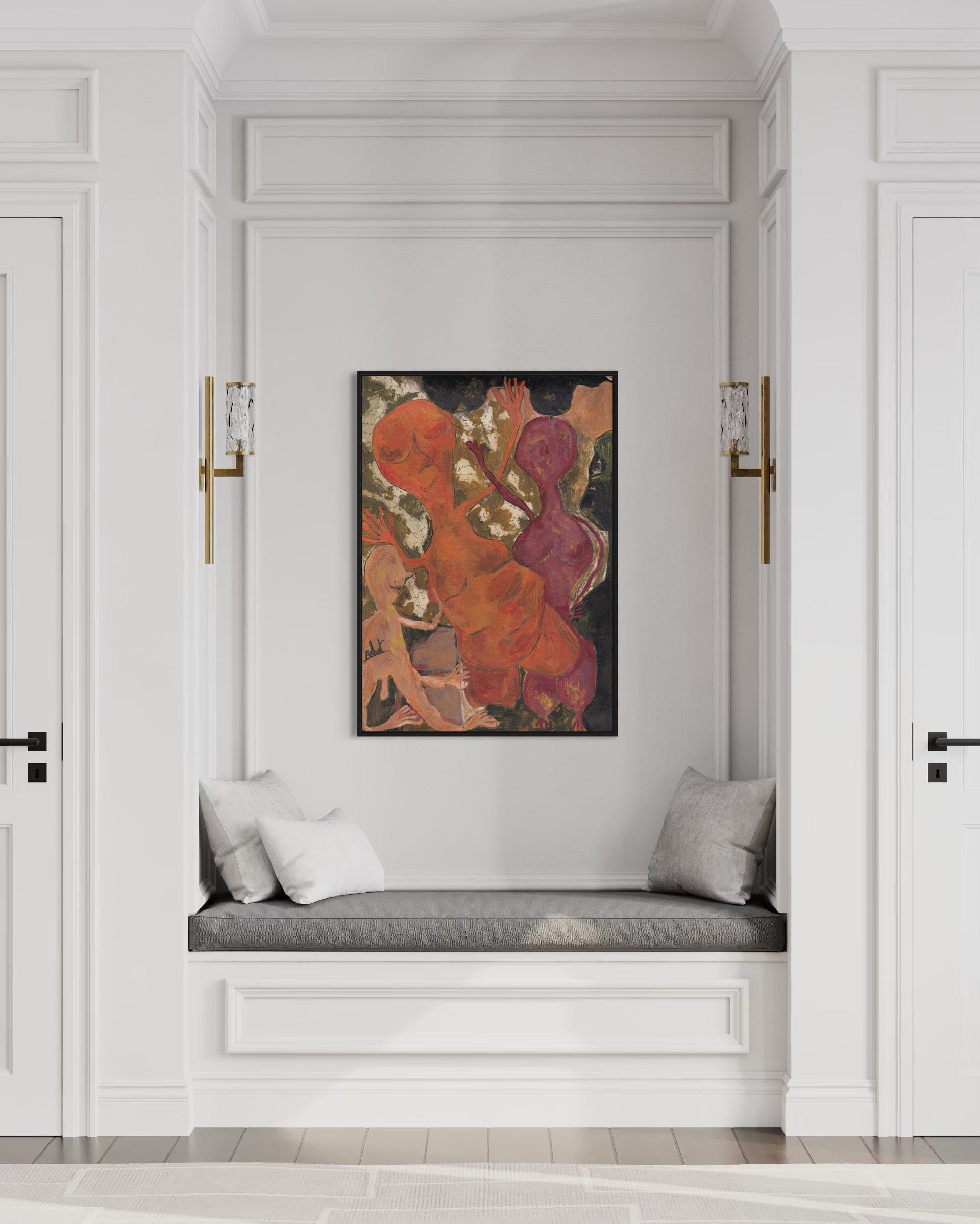 Decorative painting above a cushioned bench in a room with white walls and doors.