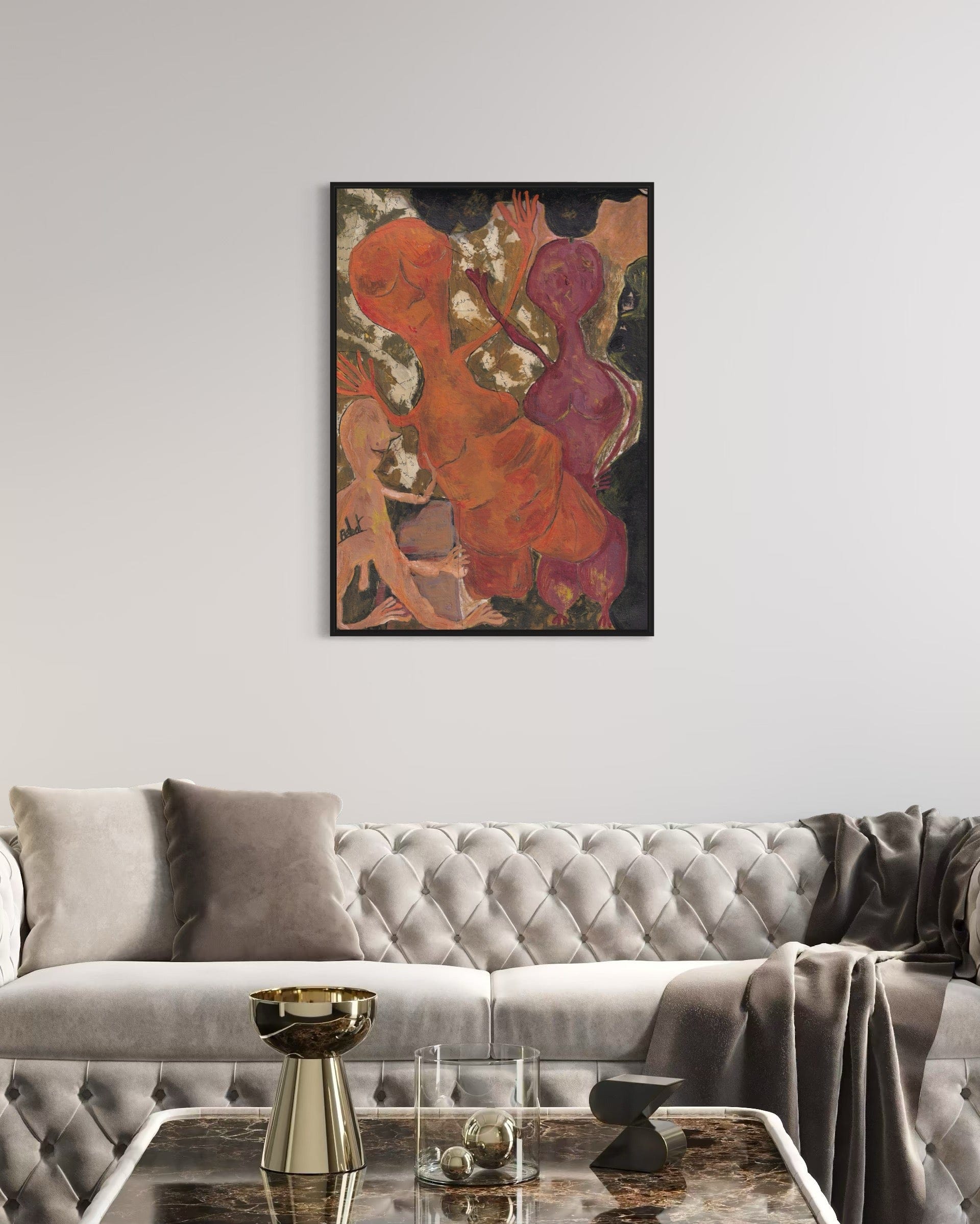 Abstract painting on a wall above a gray sofa in a living room.