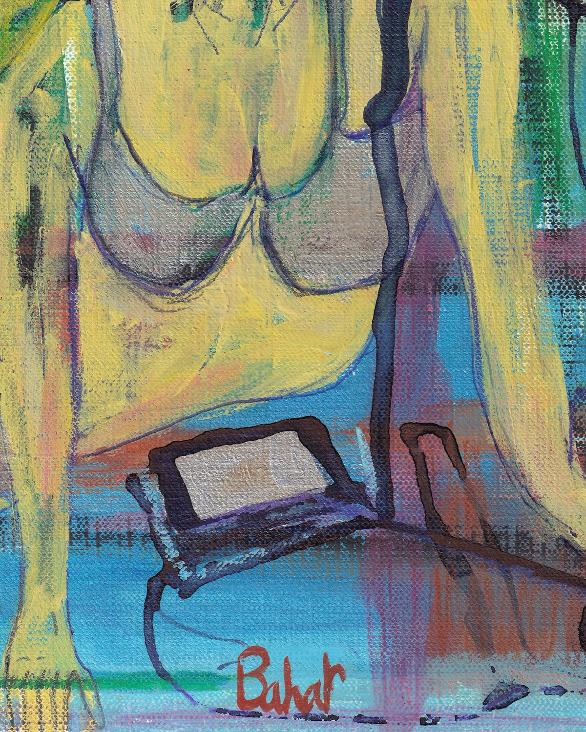 Abstract painting of a reclining figure with a pillow on a colorful background