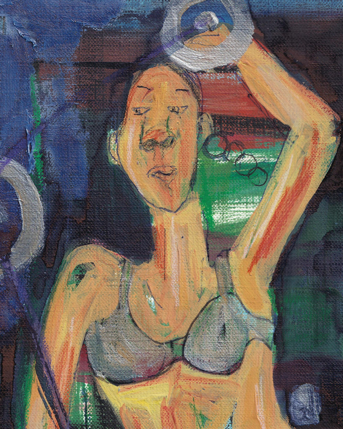 Abstract painting of a person with tattoos lifting weights