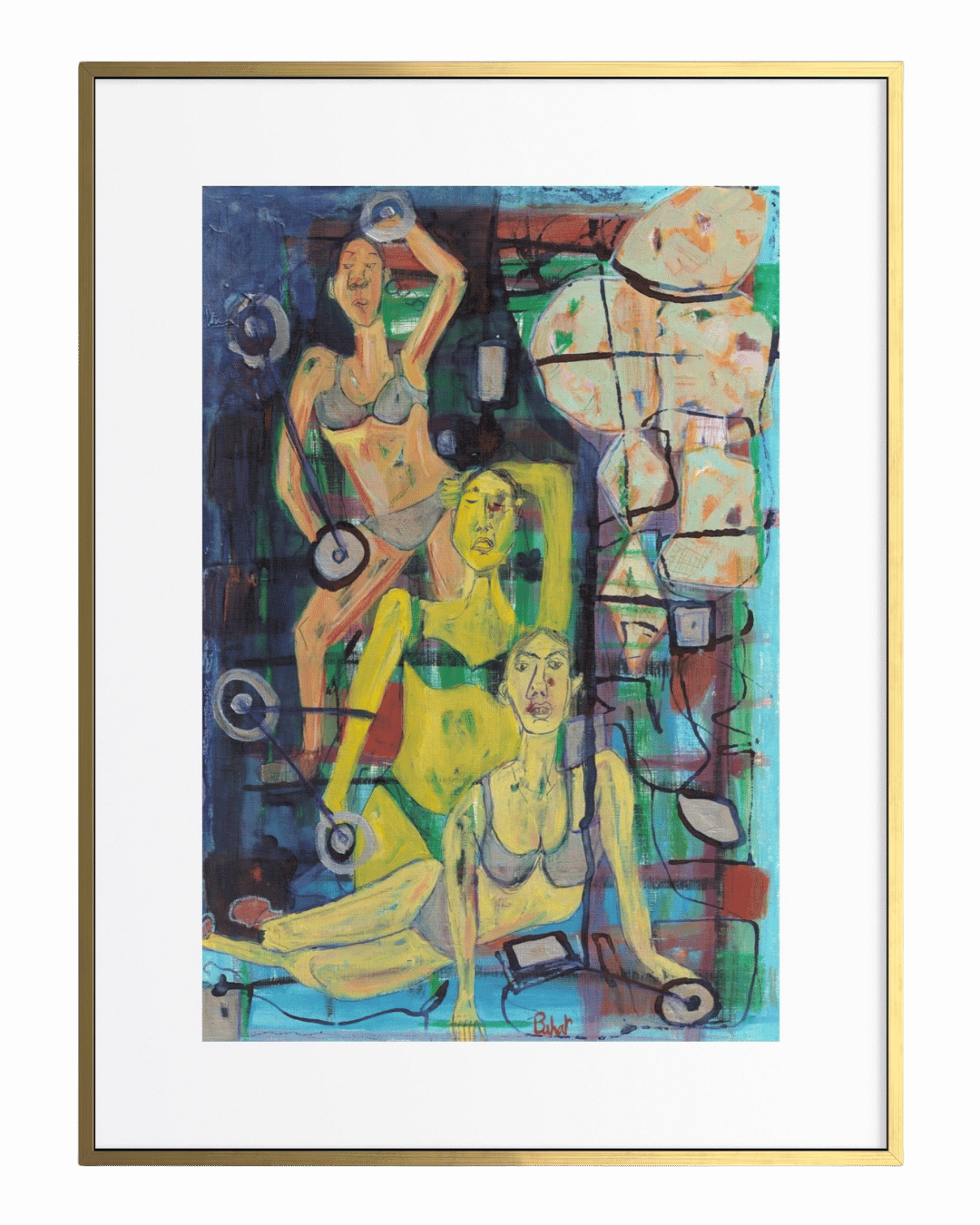 Abstract artwork with figures in a colorful frame