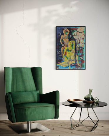 Green armchair in a room with a colorful abstract painting on the wall.
