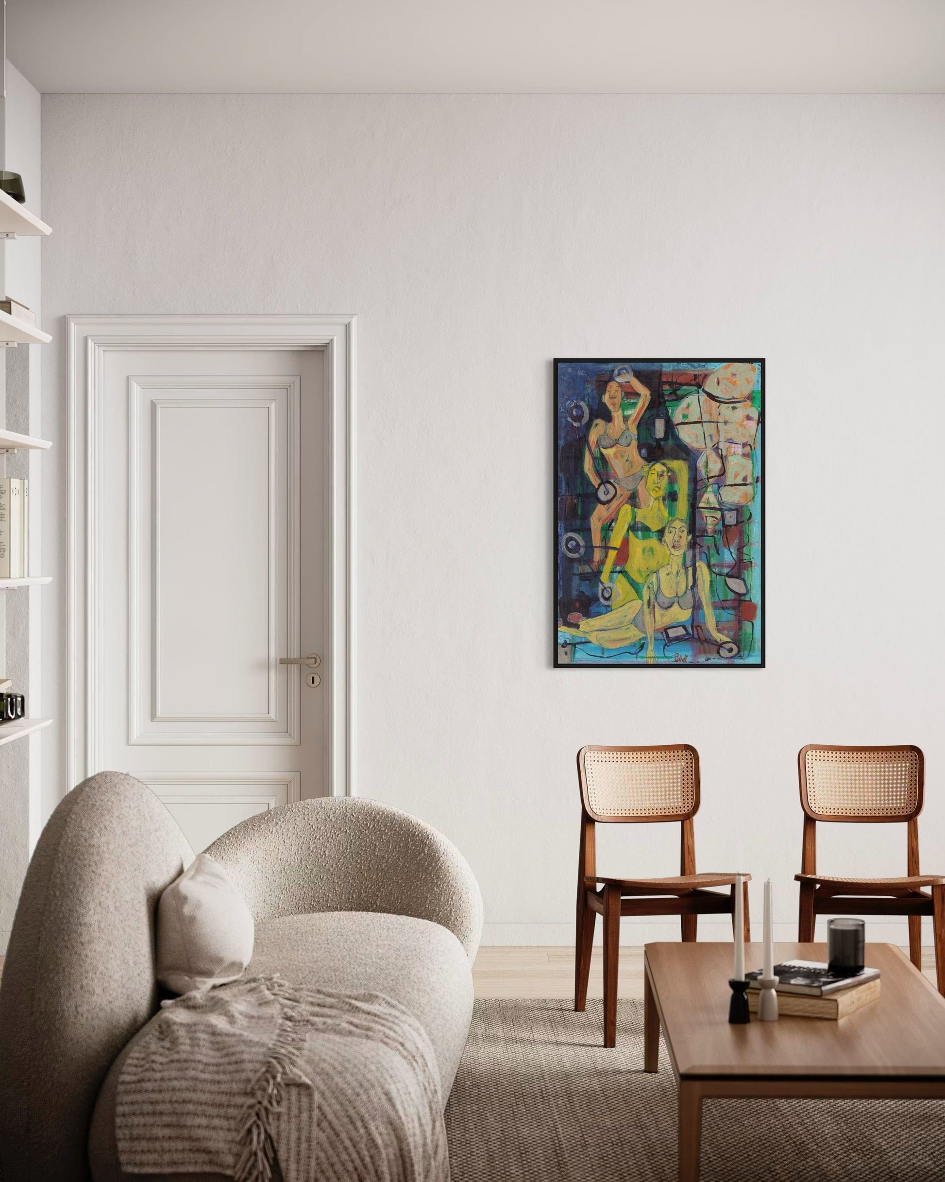 Modern living room with a sofa, coffee table, and wall art.