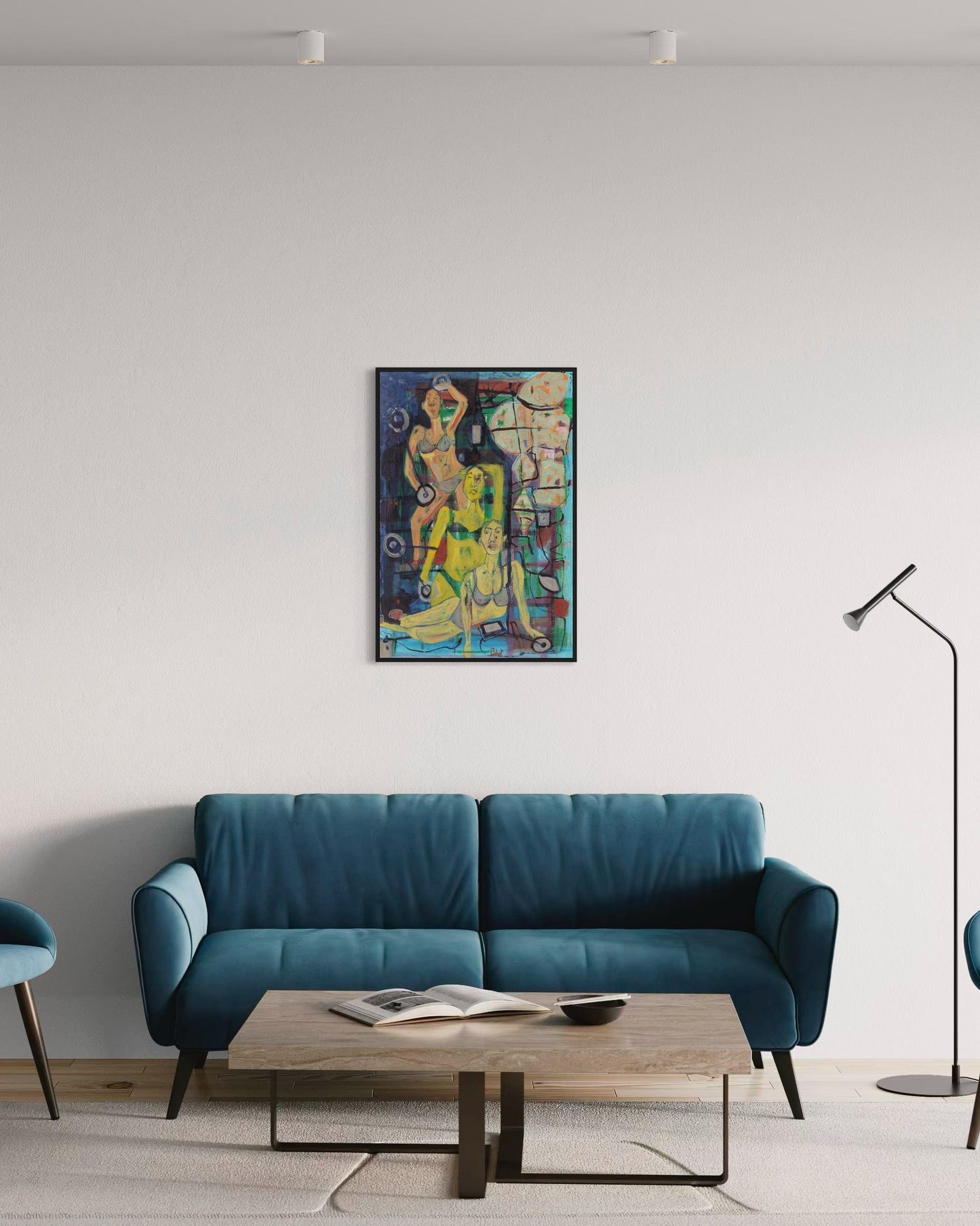 Modern living room with a blue sofa, wooden coffee table, and colorful abstract painting on the wall.