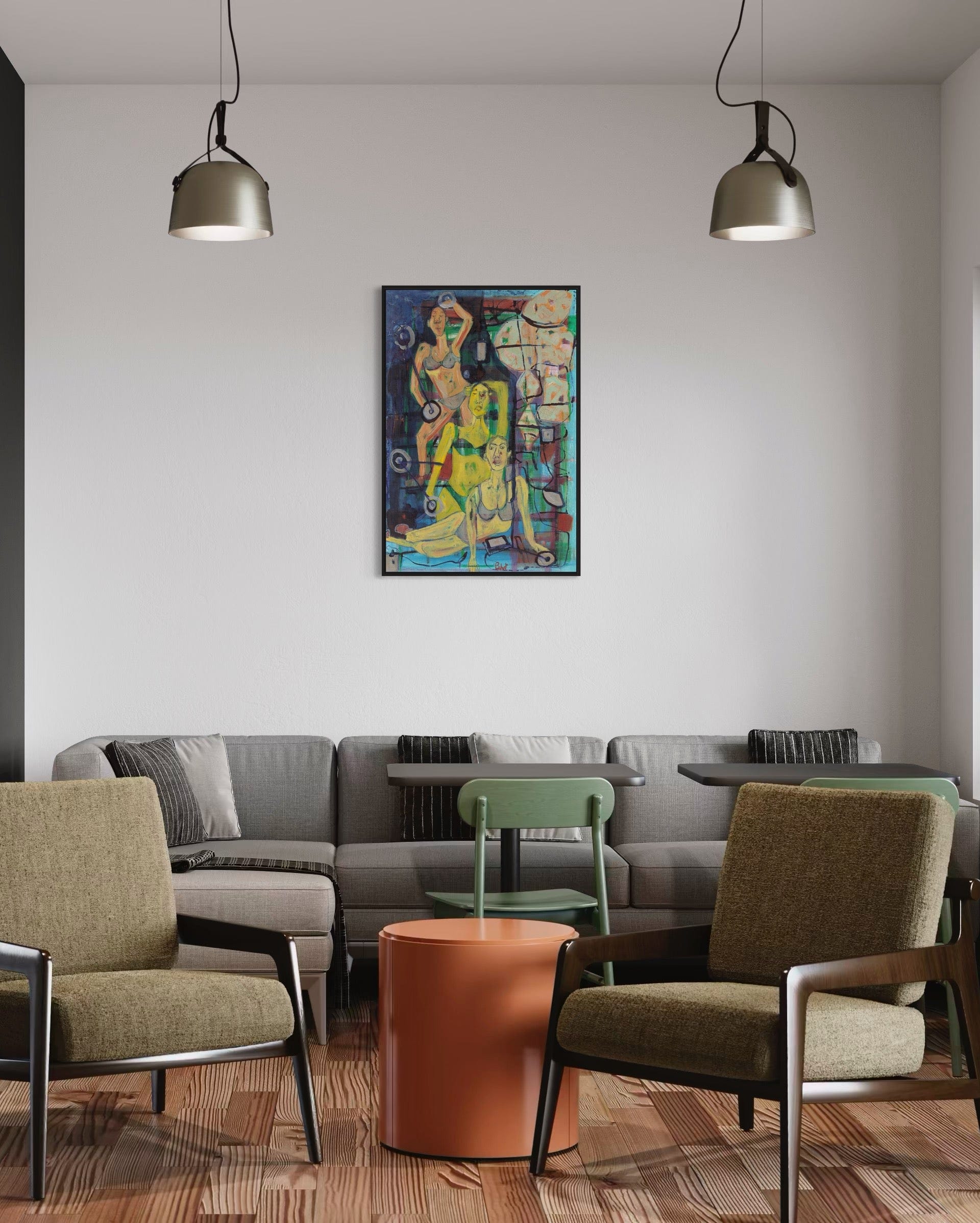 Modern interior with gray sofa, green chairs, and colorful abstract painting on the wall.
