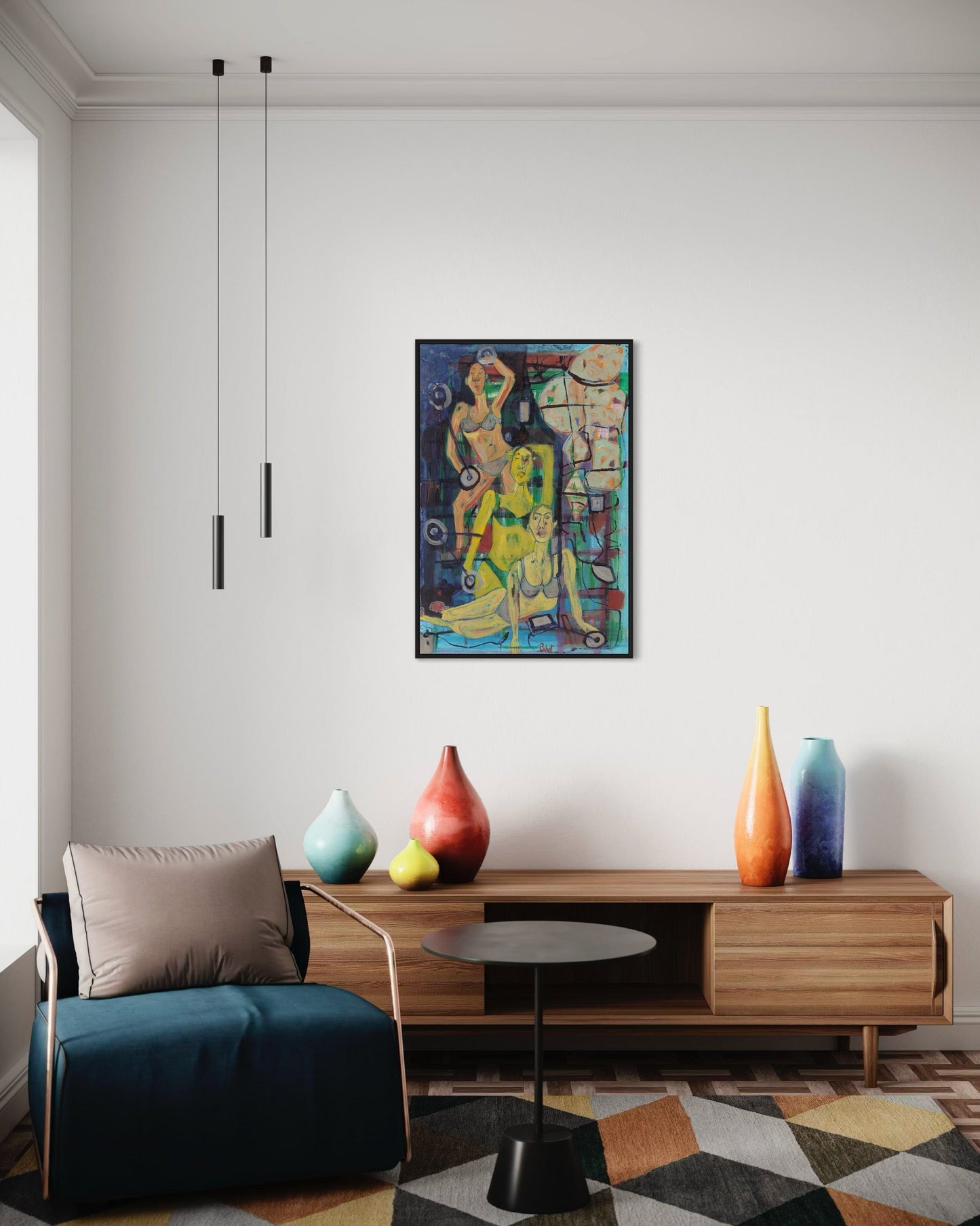 Modern living room with a colorful abstract painting on the wall, wooden cabinet, and decorative vases.