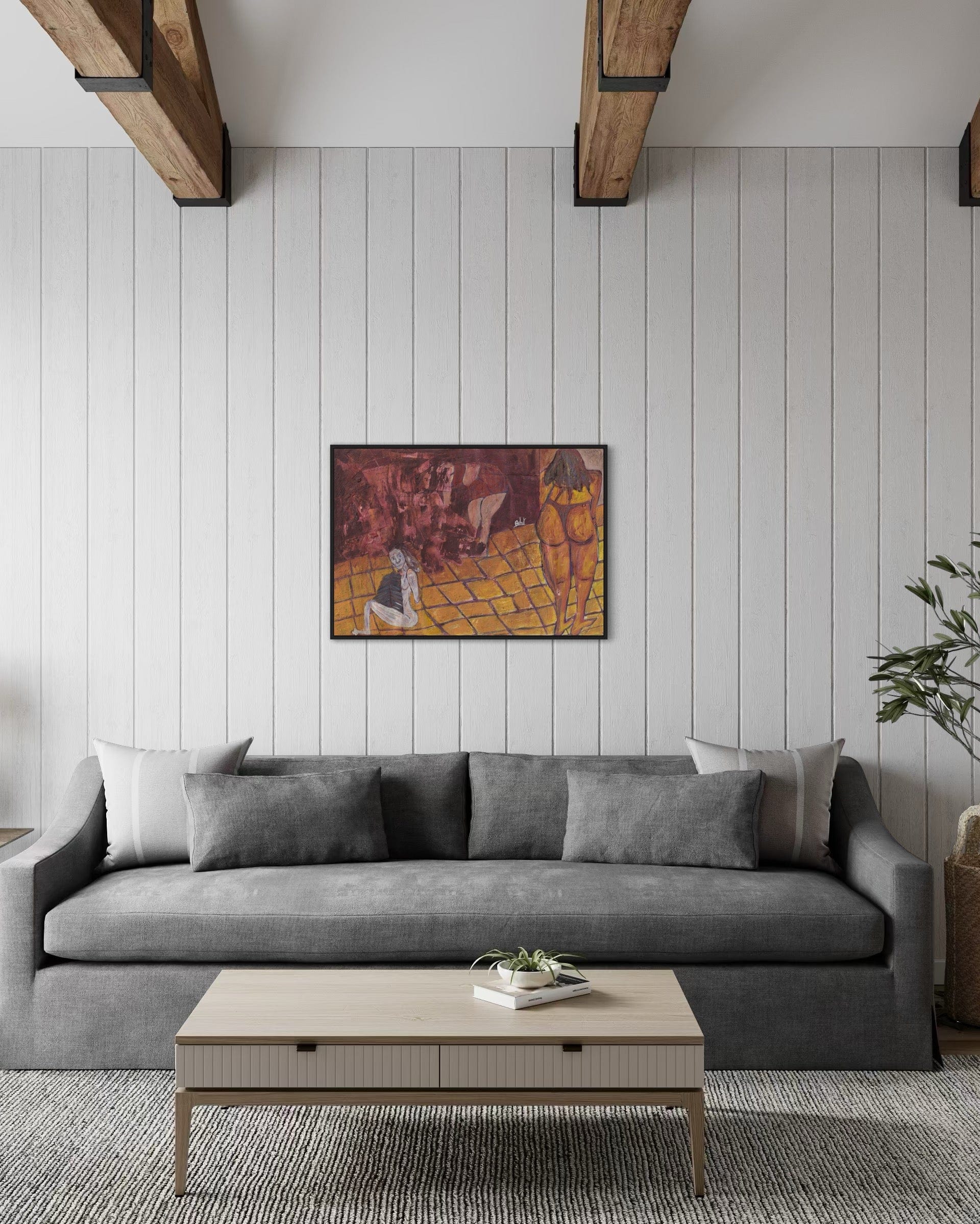 Living room with a gray sofa, wooden coffee table, and abstract painting on the wall.