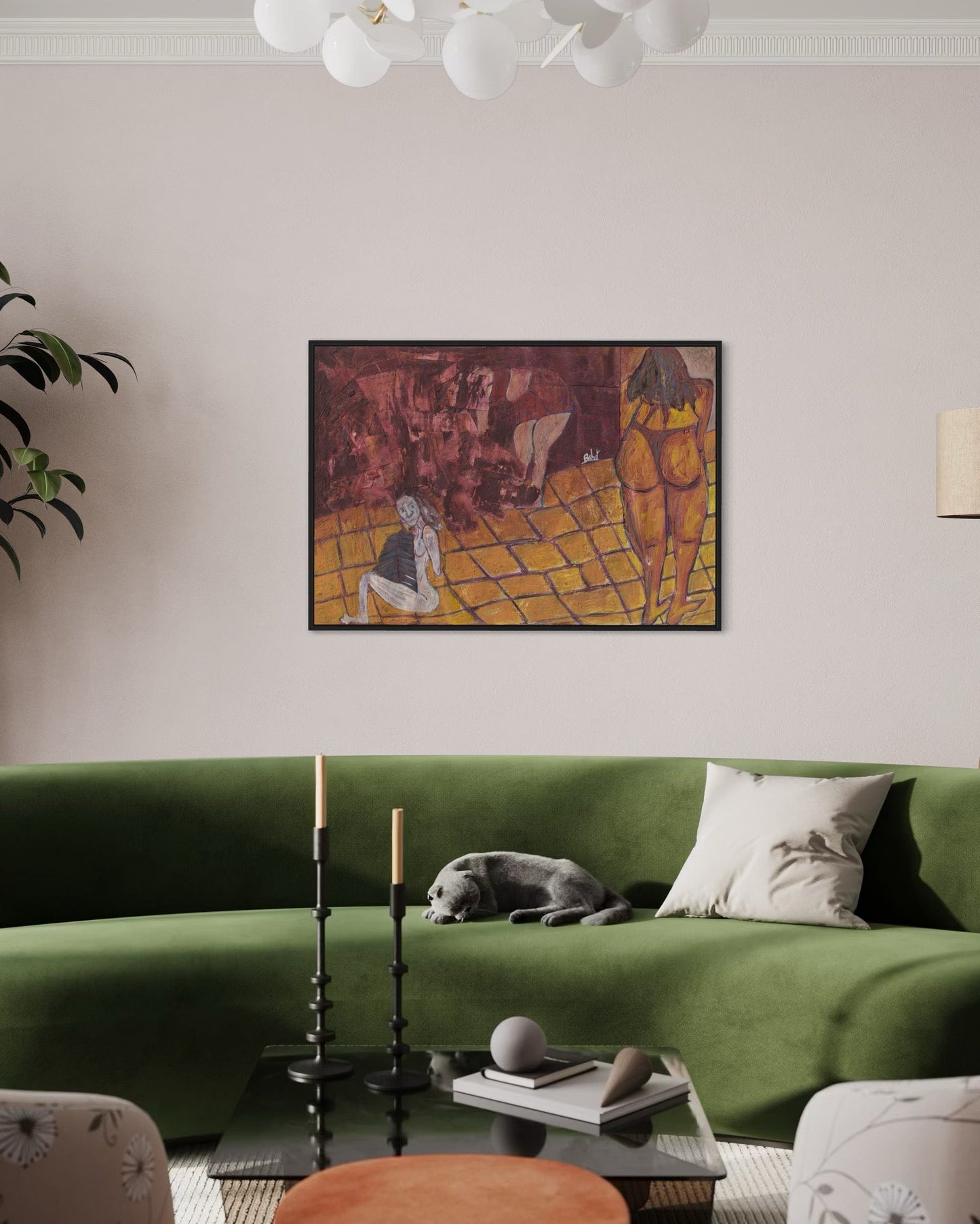 Living room with a green sofa, abstract painting on the wall, and decorative items.