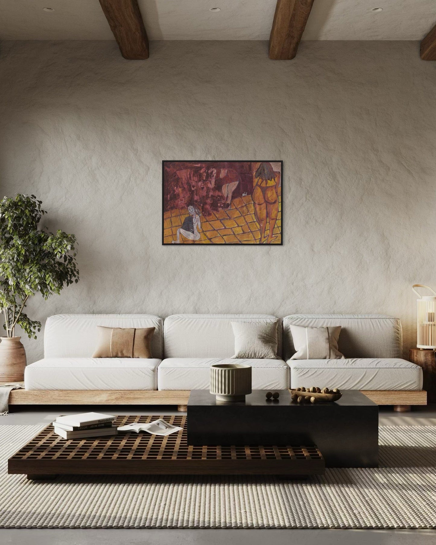 Modern living room with a white sofa, black coffee table, and abstract painting on the wall.