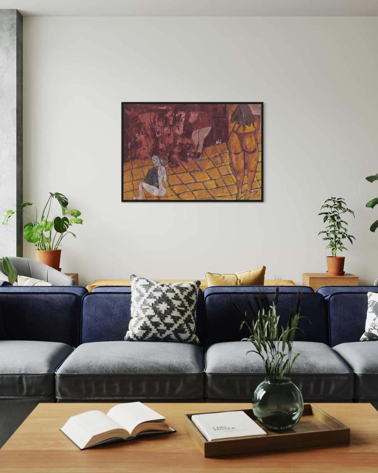 Modern living room with a blue sofa, coffee table, and wall art.