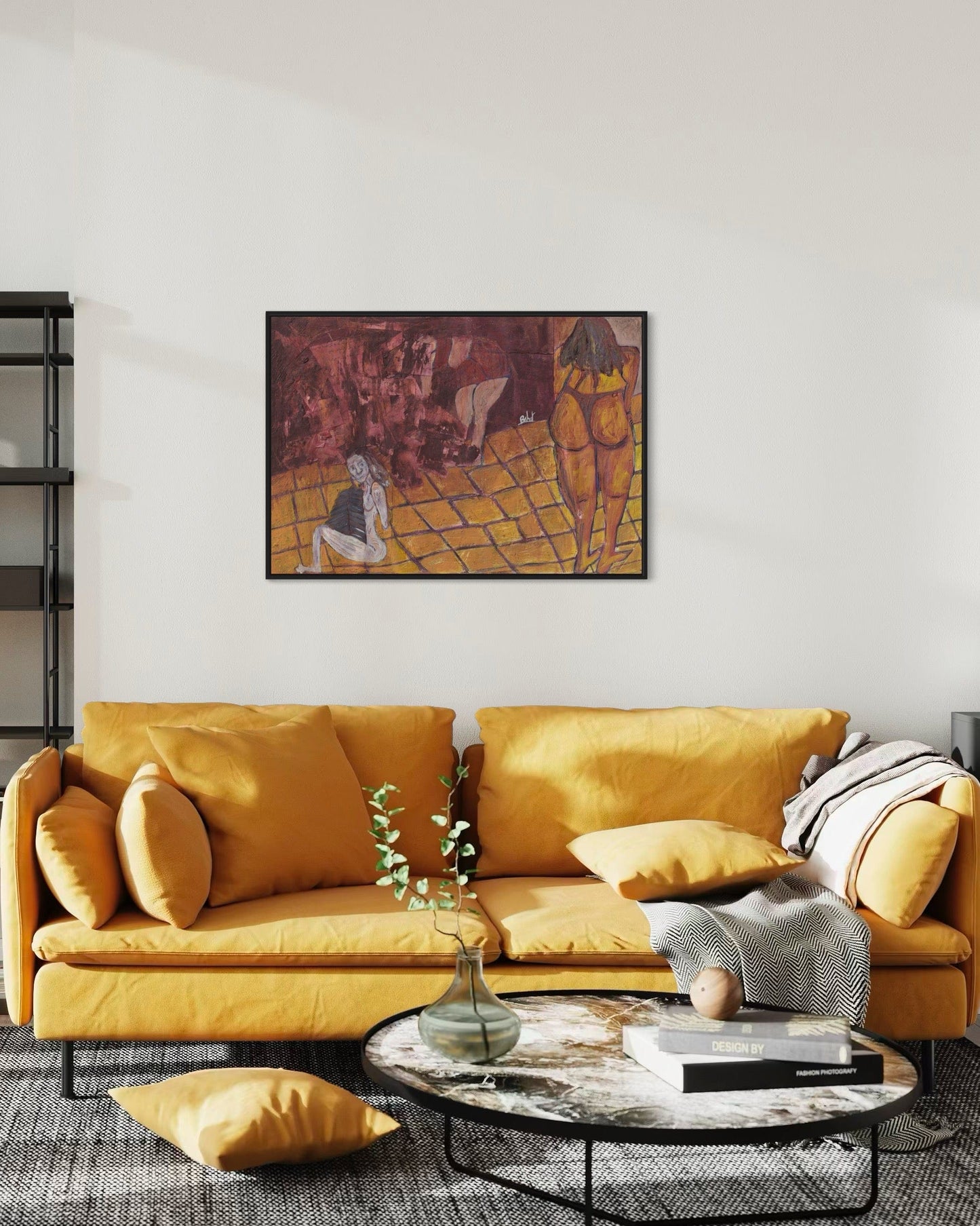 Yellow sofa in a living room with a painting on the wall