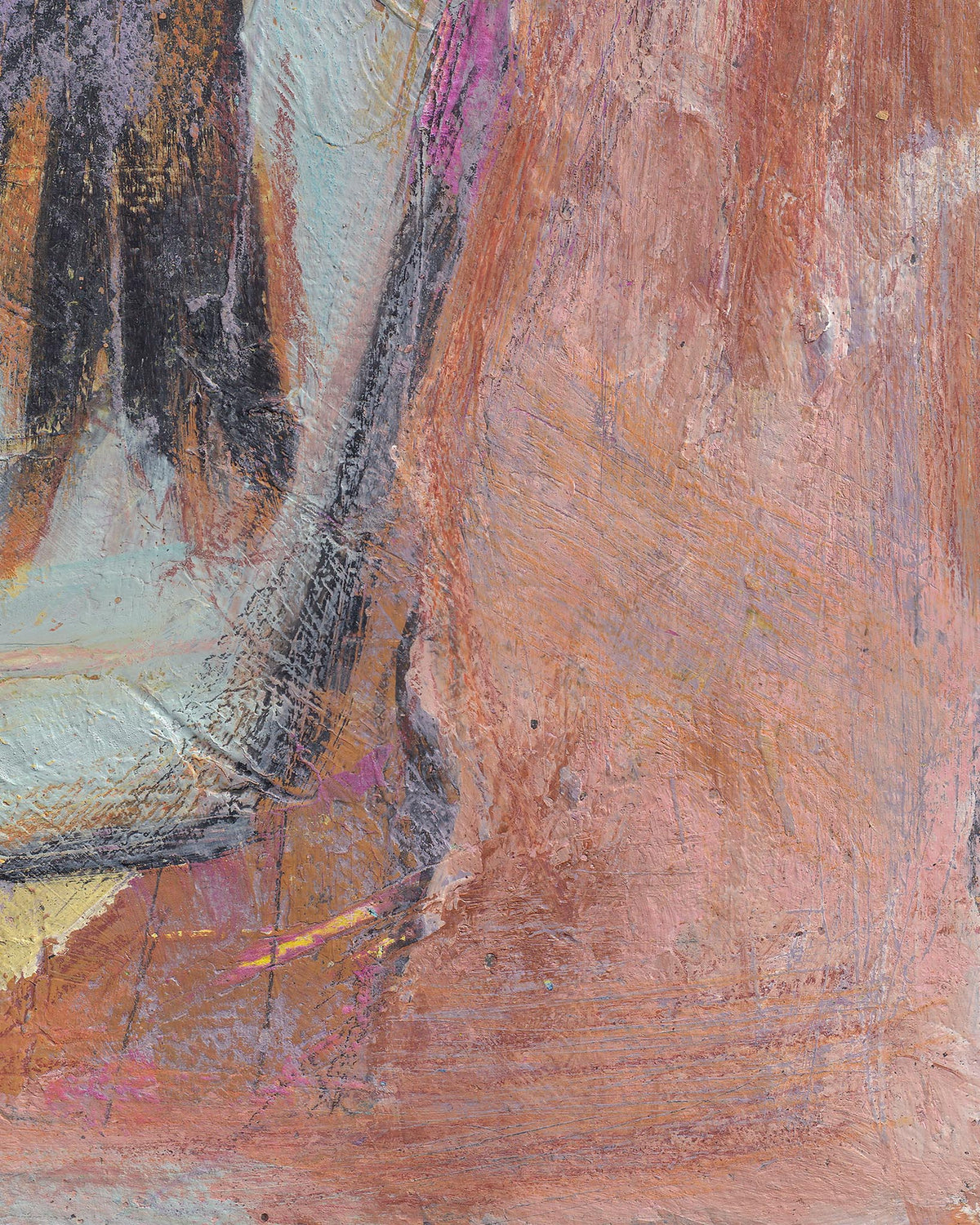 Abstract art with textured brush strokes in brown, purple, and gray.