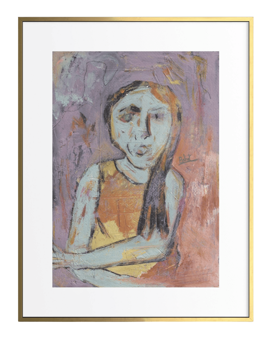 Painting of a person with abstract style in a gold frame