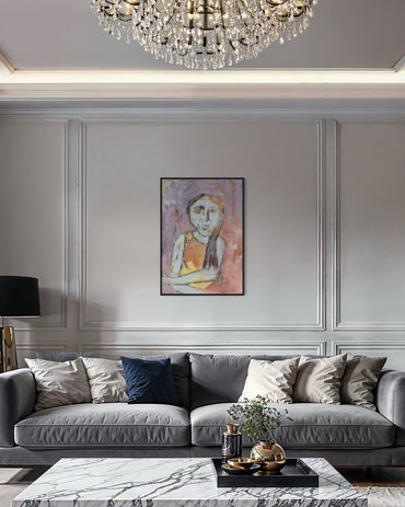 Living room with gray sofa, marble coffee table, and wall art.