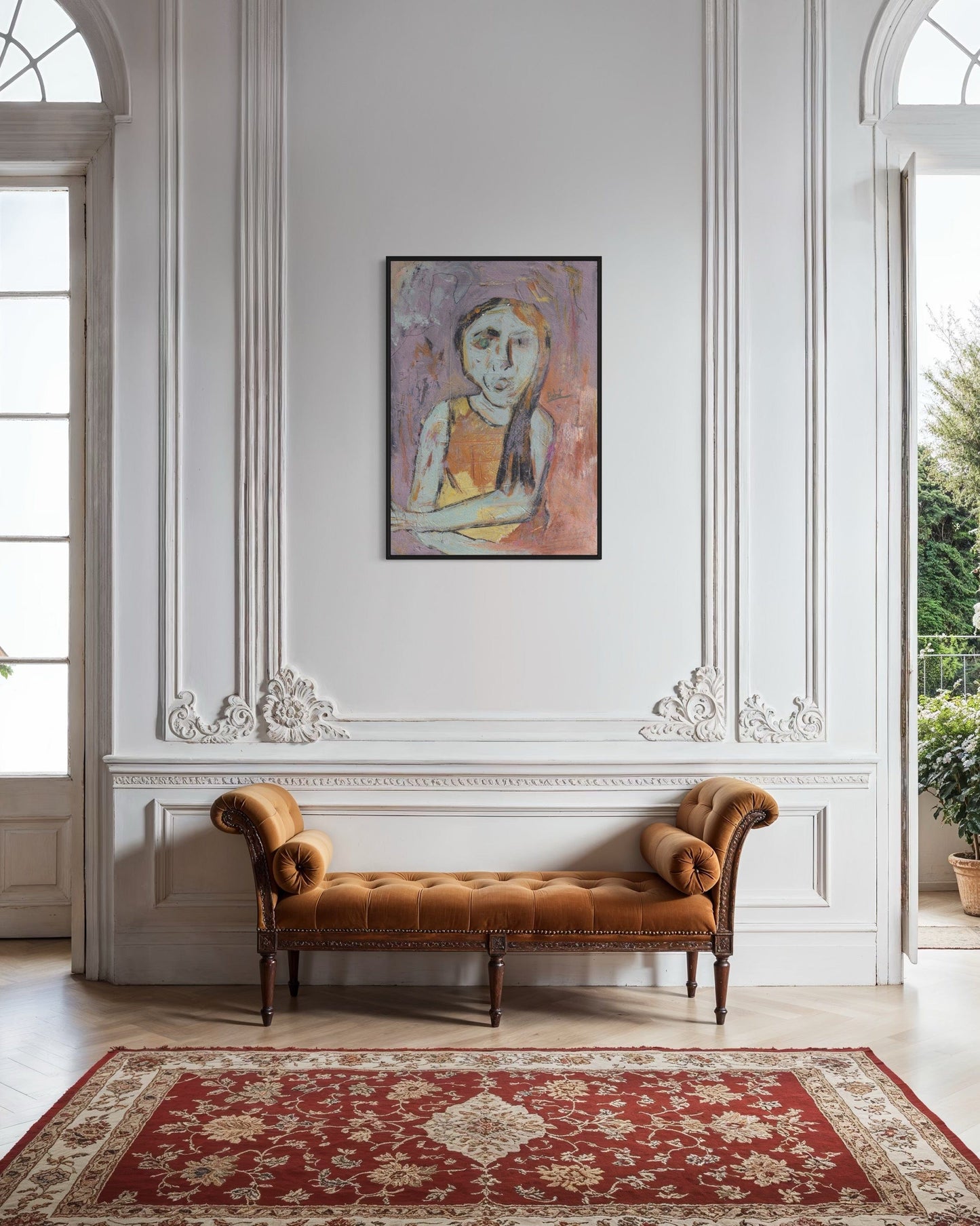Brown leather bench in a room with a decorative rug and wall art.