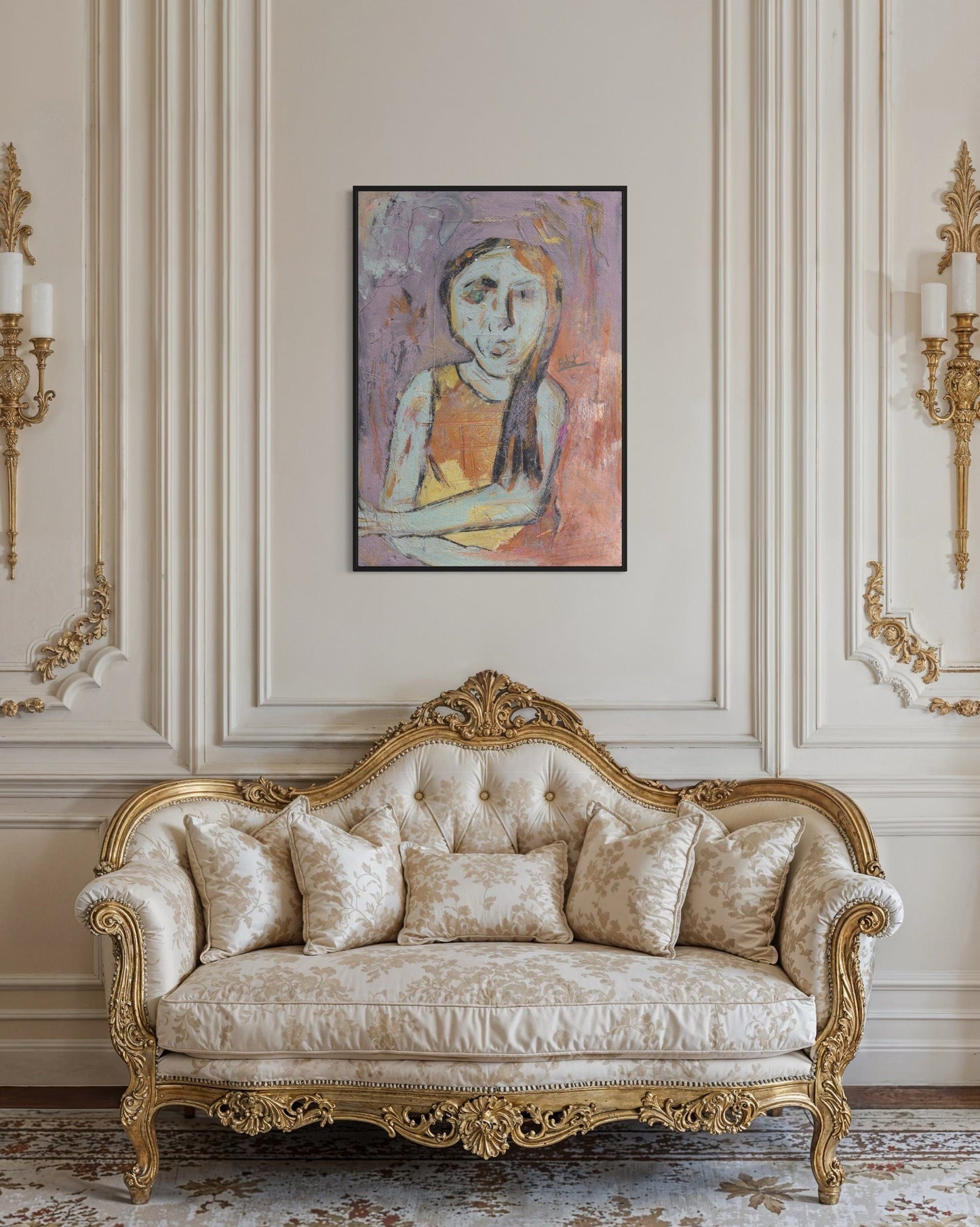 Decorative sofa with intricate gold detailing in a room with a painting on the wall.