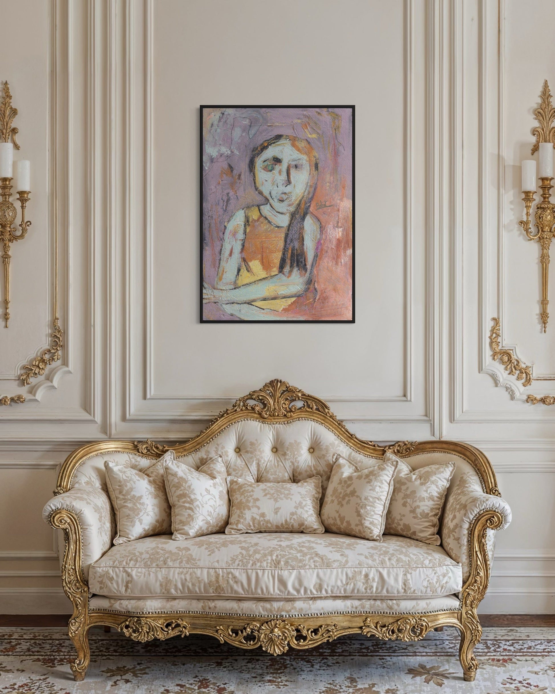 Decorative sofa with intricate gold detailing in a room with a painting on the wall.