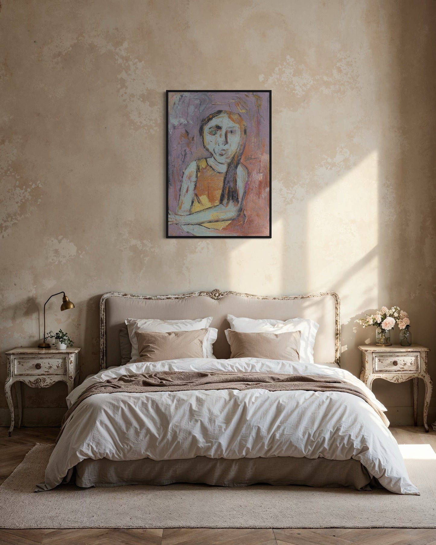 Neatly made bed in a bedroom with a painting on the wall.
