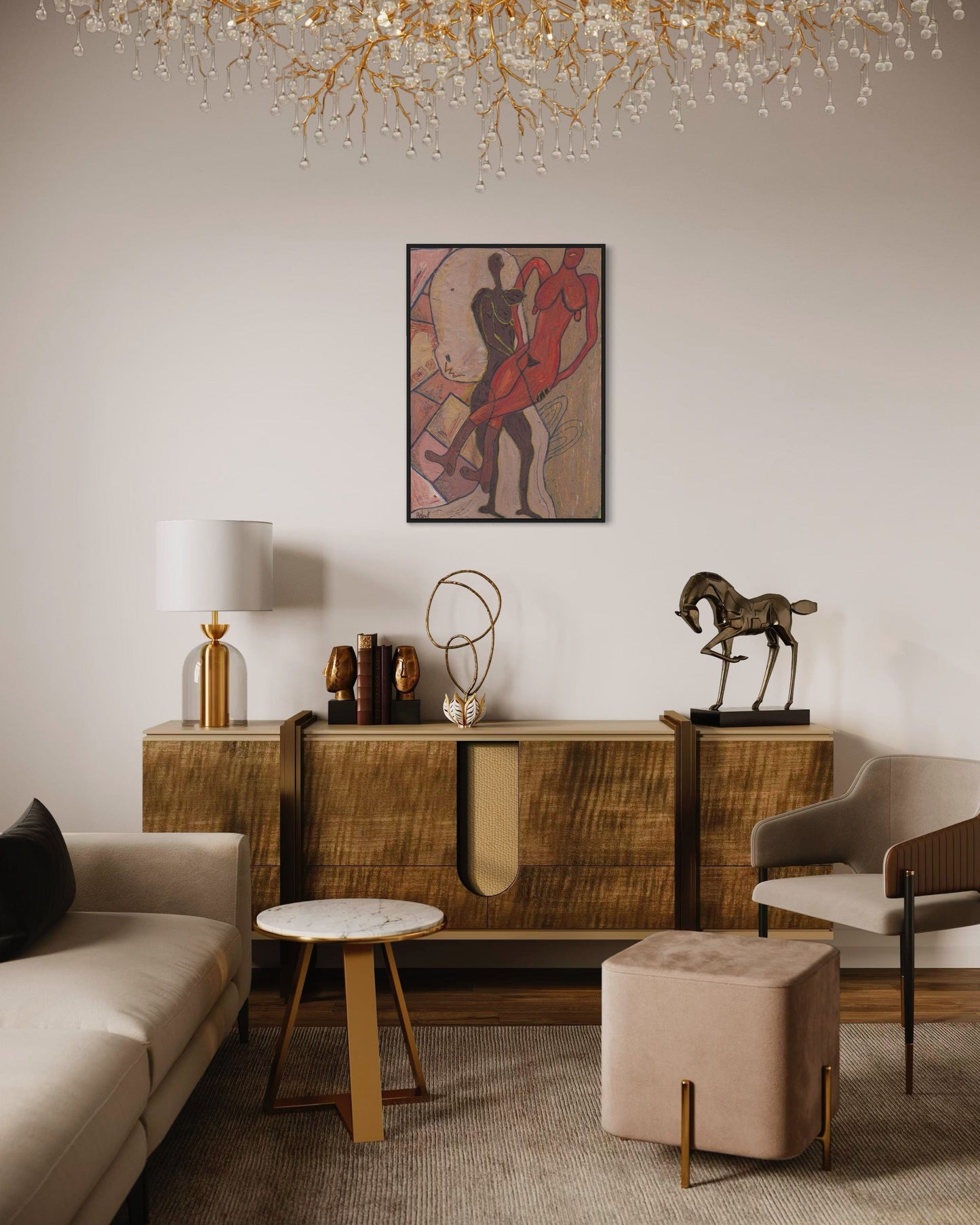 Modern living room with a wooden console table, decorative items, and a chandelier.