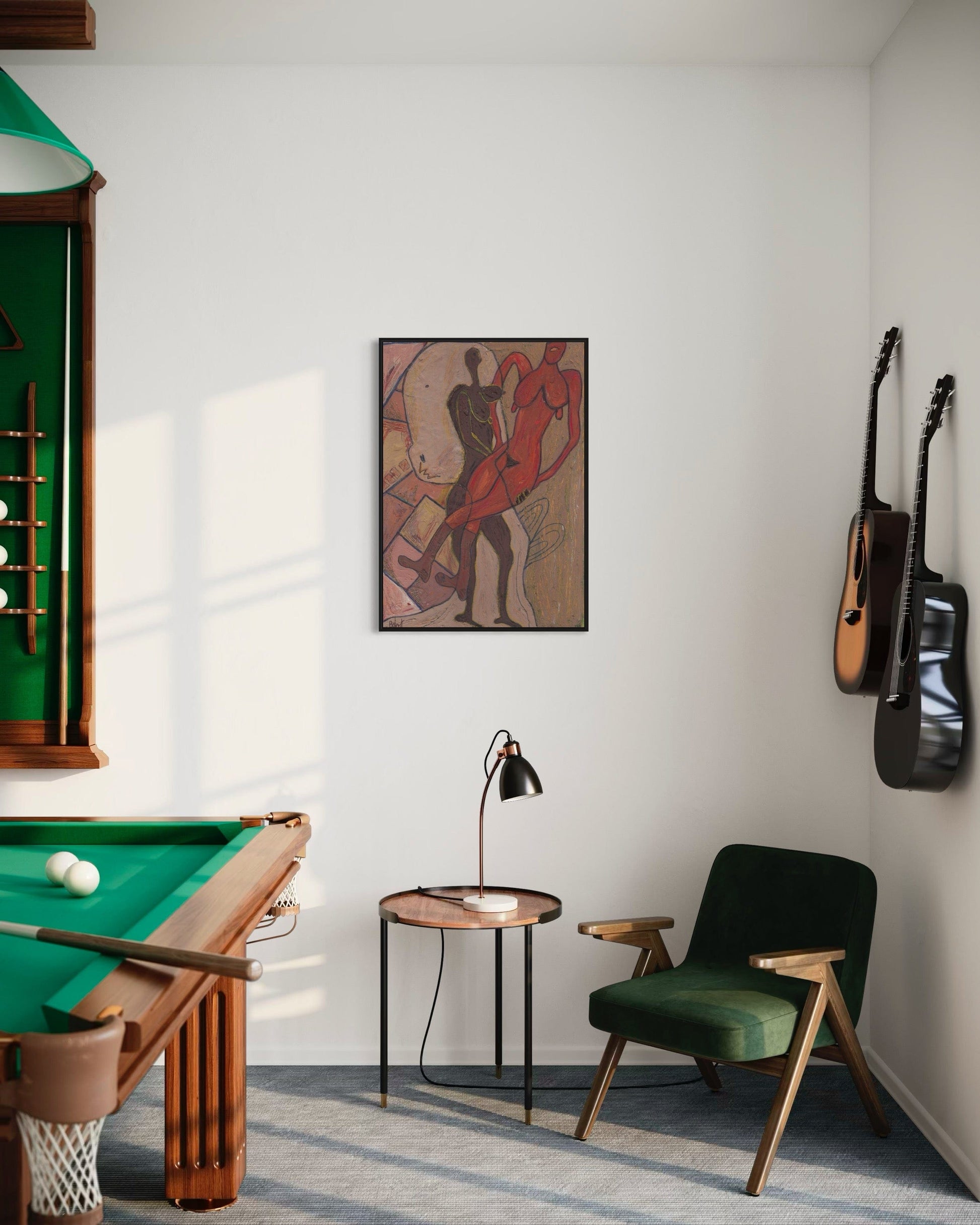Room with pool table, green chair, and wall art
