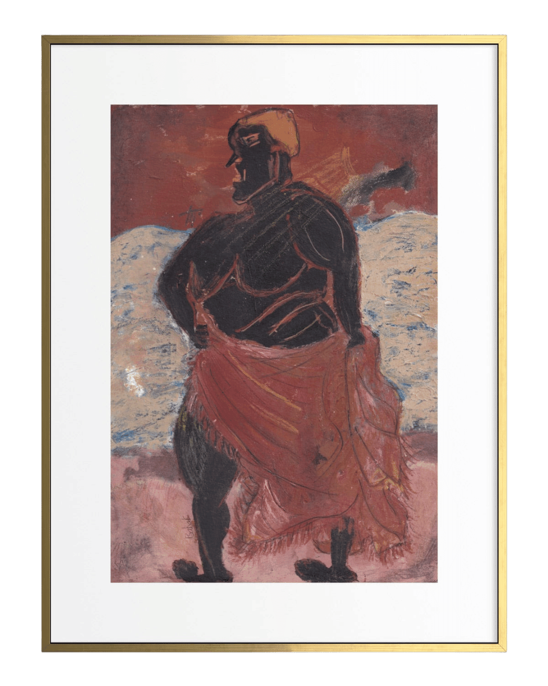 Framed artwork of a figure with a red garment against a textured background