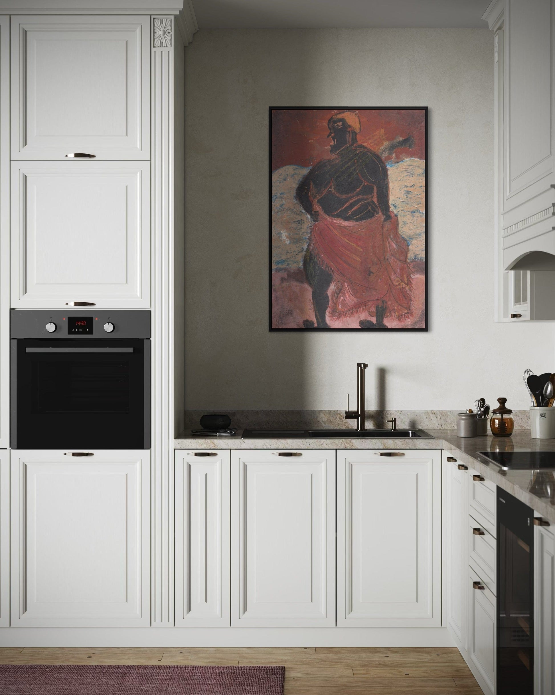 Modern kitchen with white cabinets, black appliances, and a colorful painting on the wall.