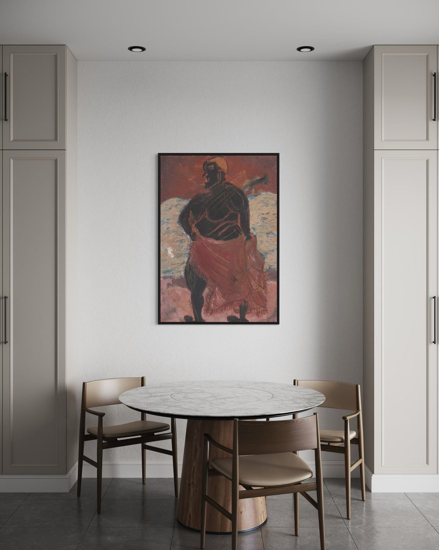 Dining area with a round table and chairs, featuring a large abstract painting on the wall.
