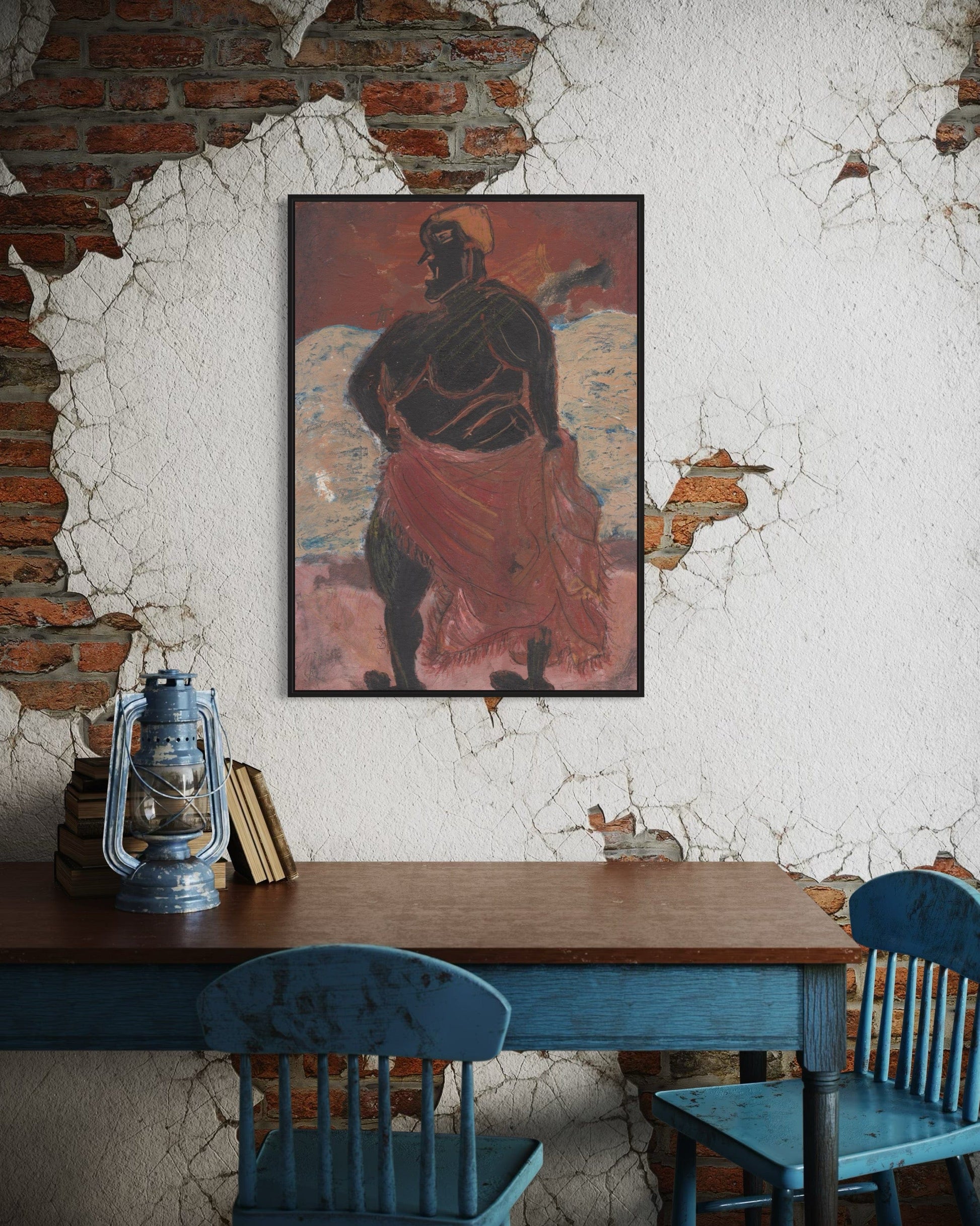 Room interior with a wooden desk, blue chairs, and a framed painting on a textured wall.