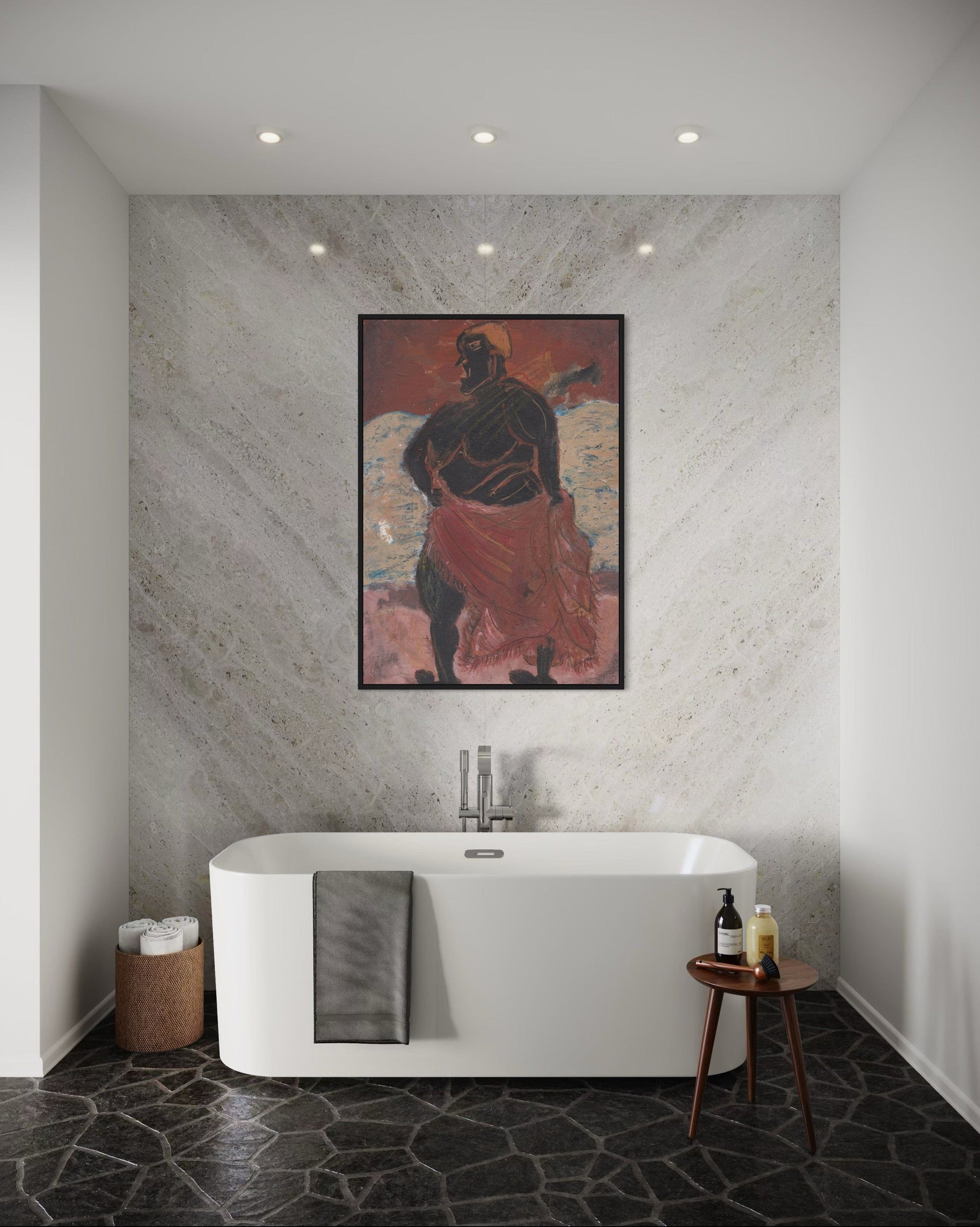Modern bathroom with a freestanding bathtub, decorative wall art, and a small table with items.
