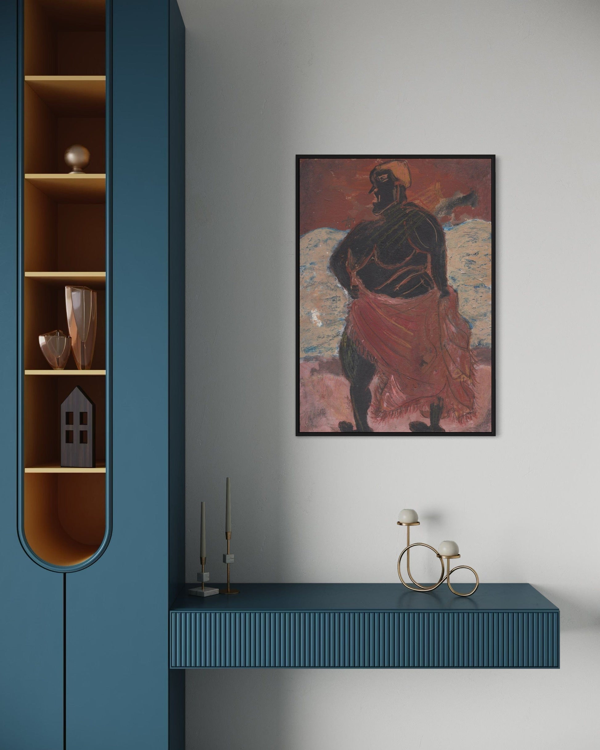 Modern interior with blue wall unit, shelves, and a framed artwork on a white wall.