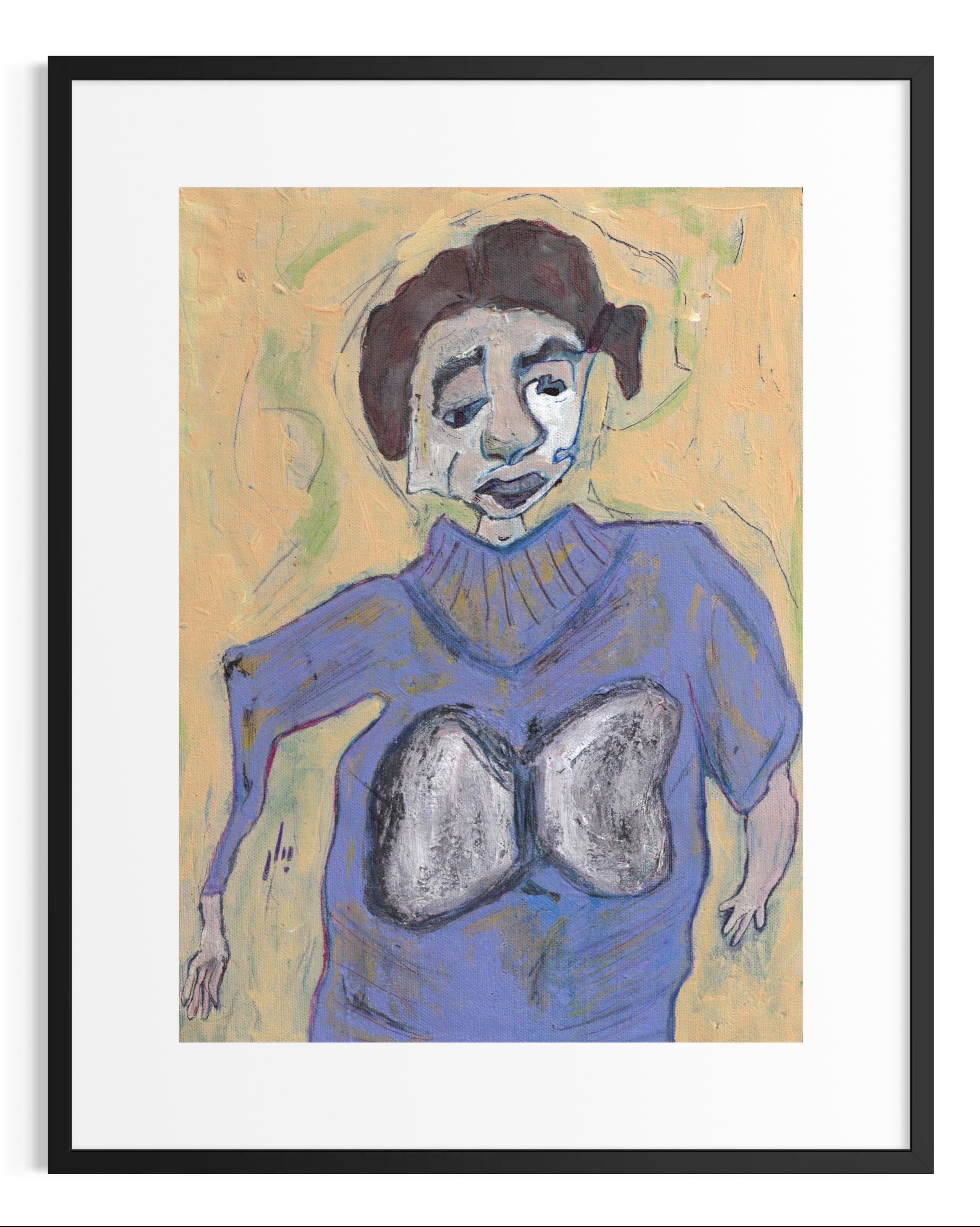 Framed artwork of a person wearing a blue sweater with abstract design elements.