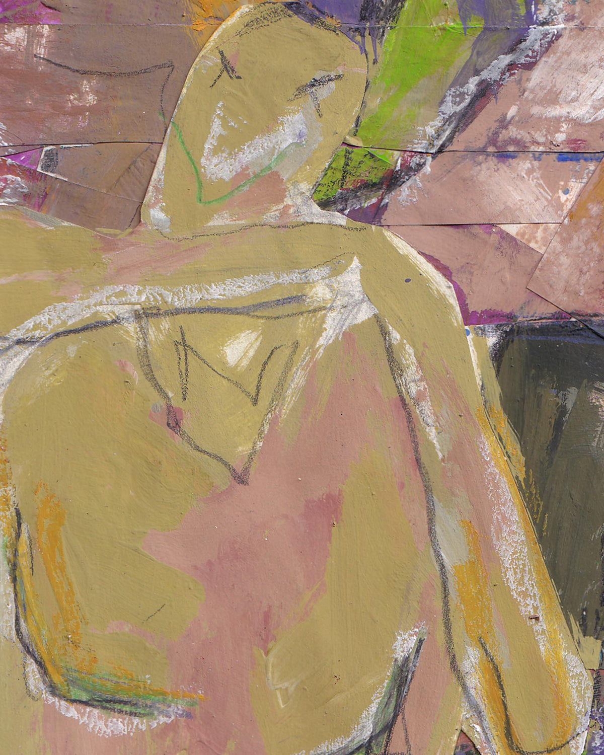 Abstract artwork with a central figure in green and brown tones on a textured background.