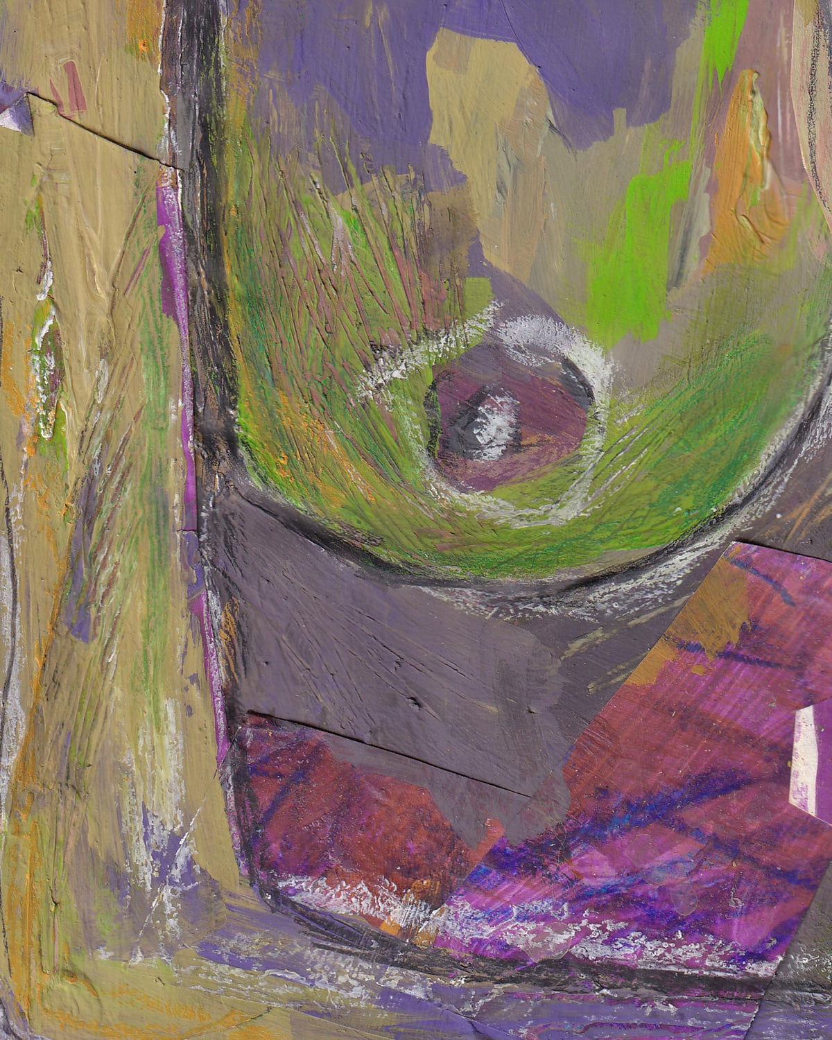 Abstract art piece with a mix of green, purple, and brown colors.