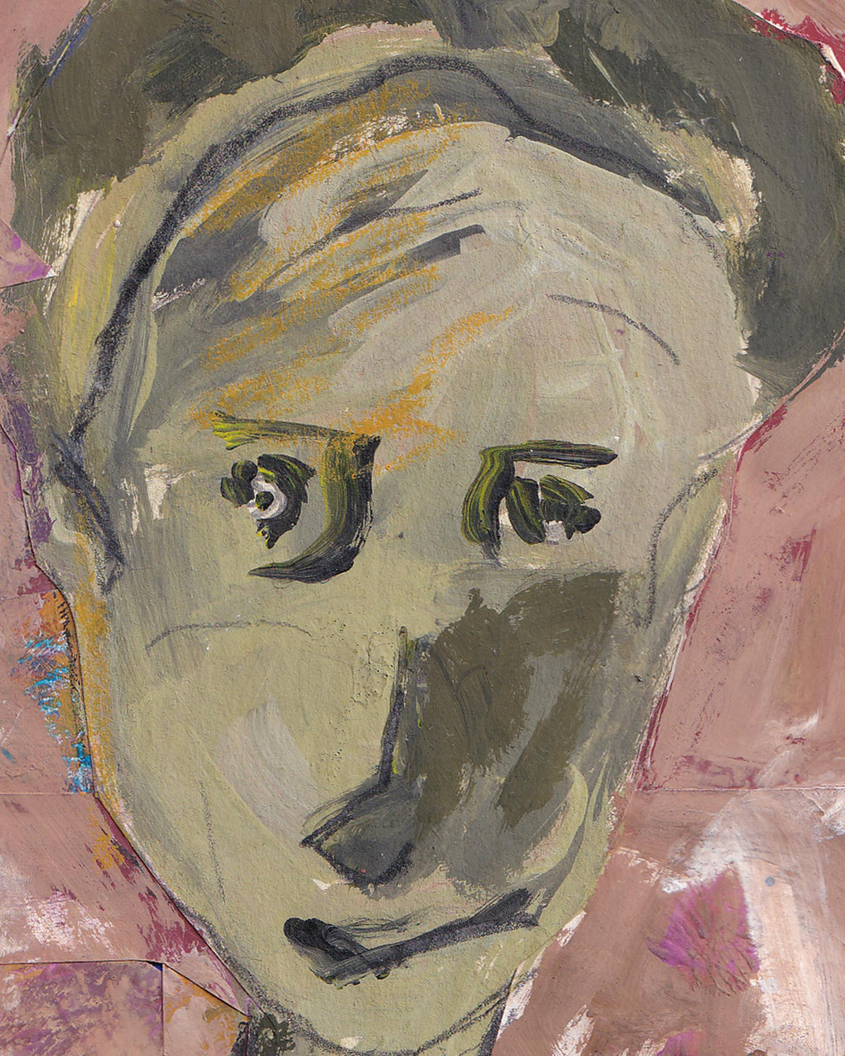 Abstract painting of a face with stylized features on a textured background