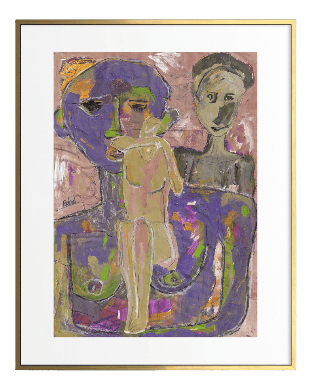 Abstract artwork of two figures with a colorful background